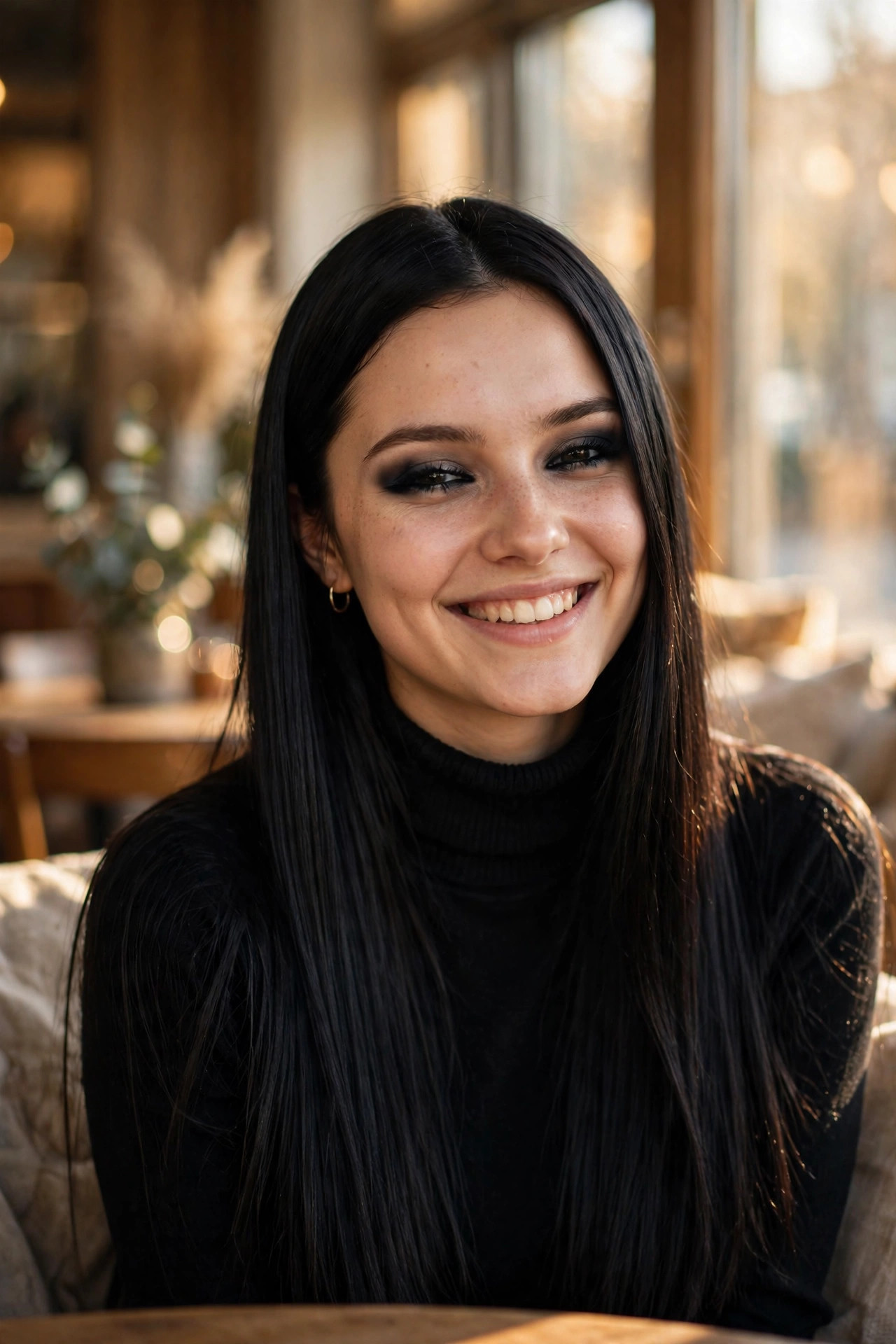 Woman with pin-straight jet-black hair in a sunny cafe