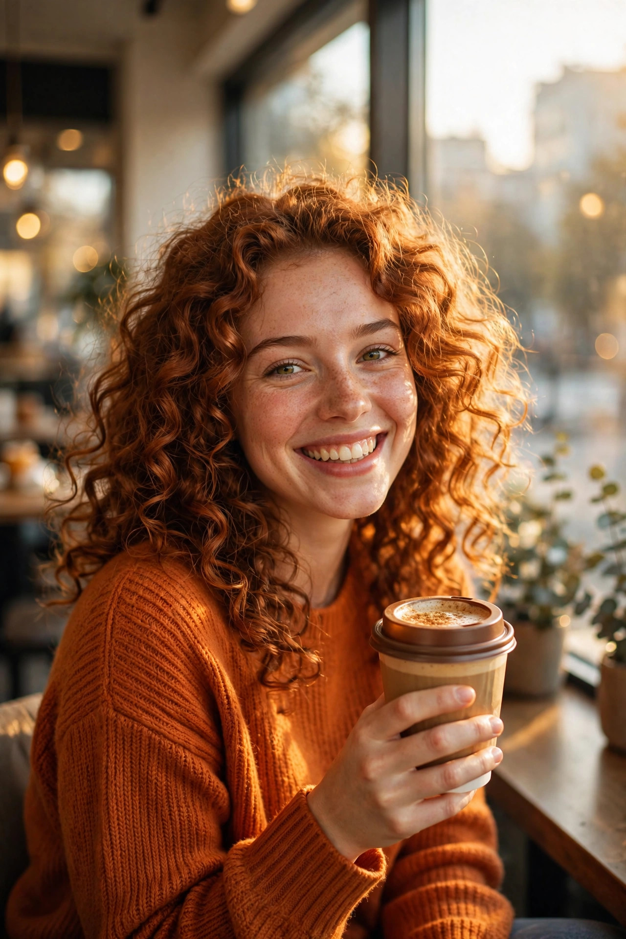 Woman with voluminous copper curls holding a latte
