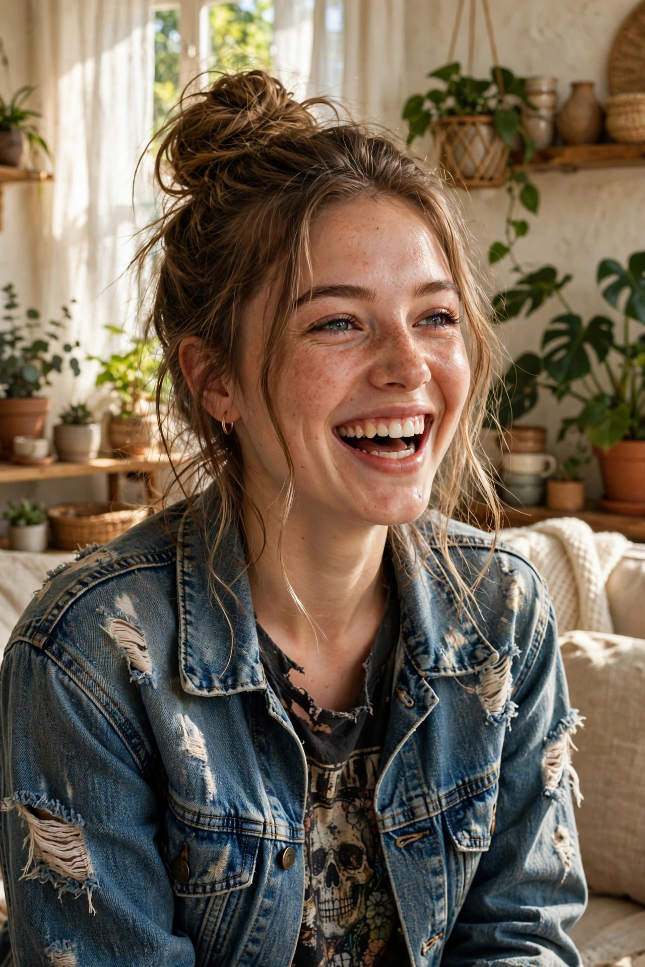 Young woman with a messy high bun in a living room