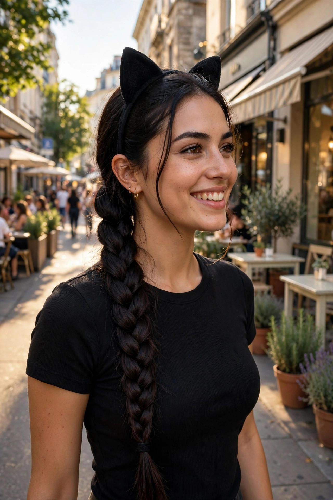 Fishtail braid with cat-ear headband on a city sidewalk