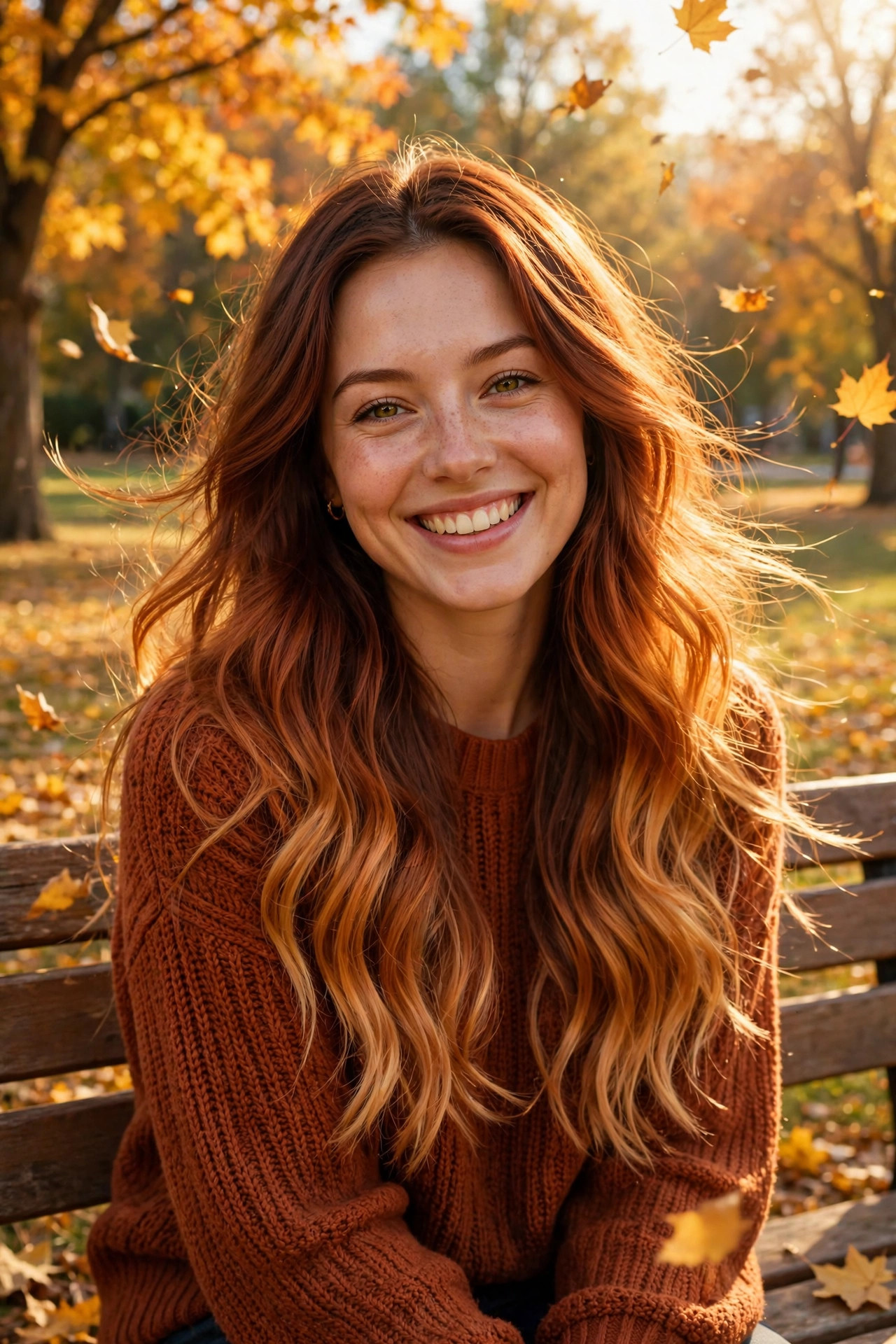 Woman with copper ombre waves on a park bench