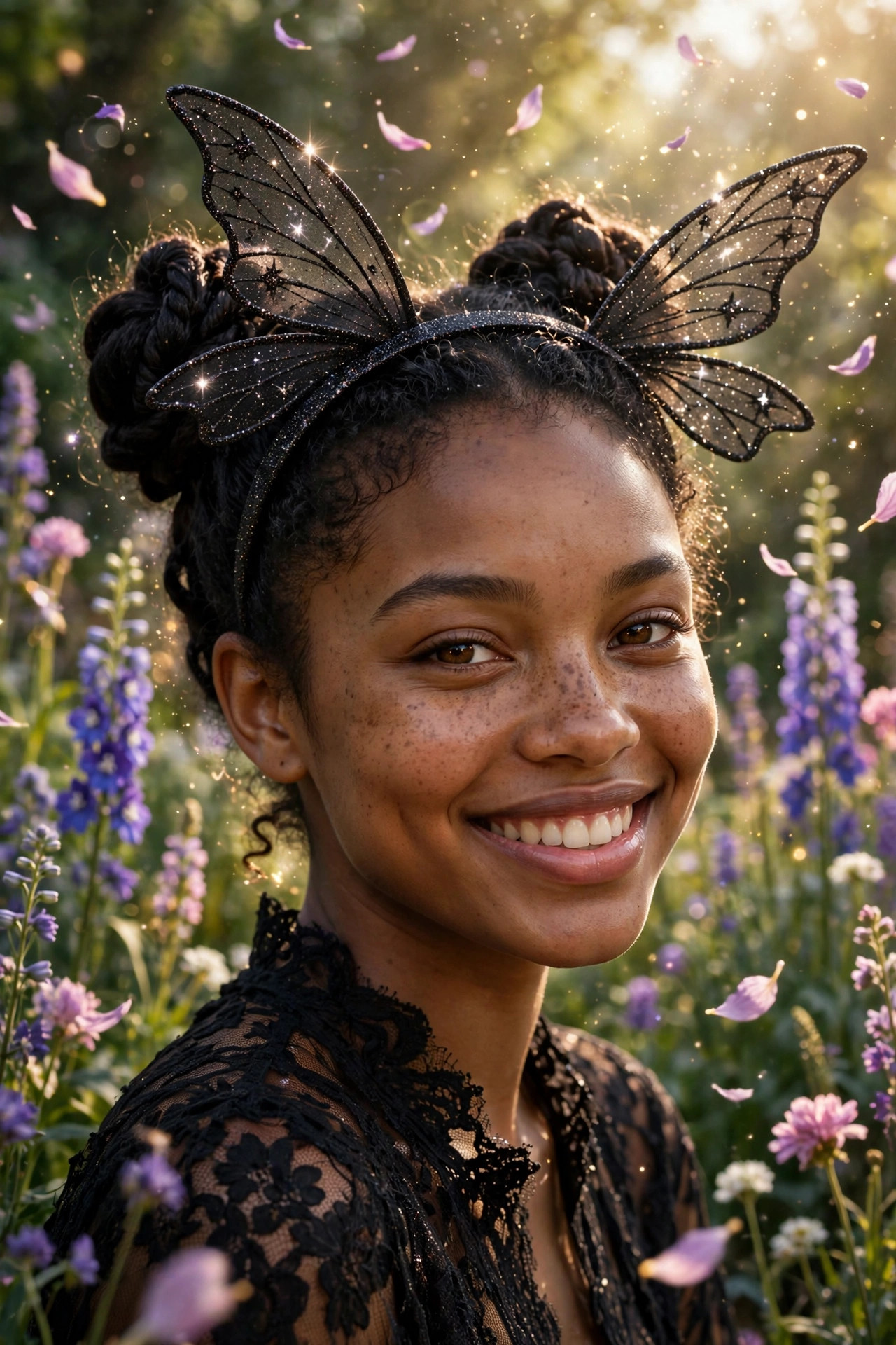 Young woman with twisted space buns in a garden