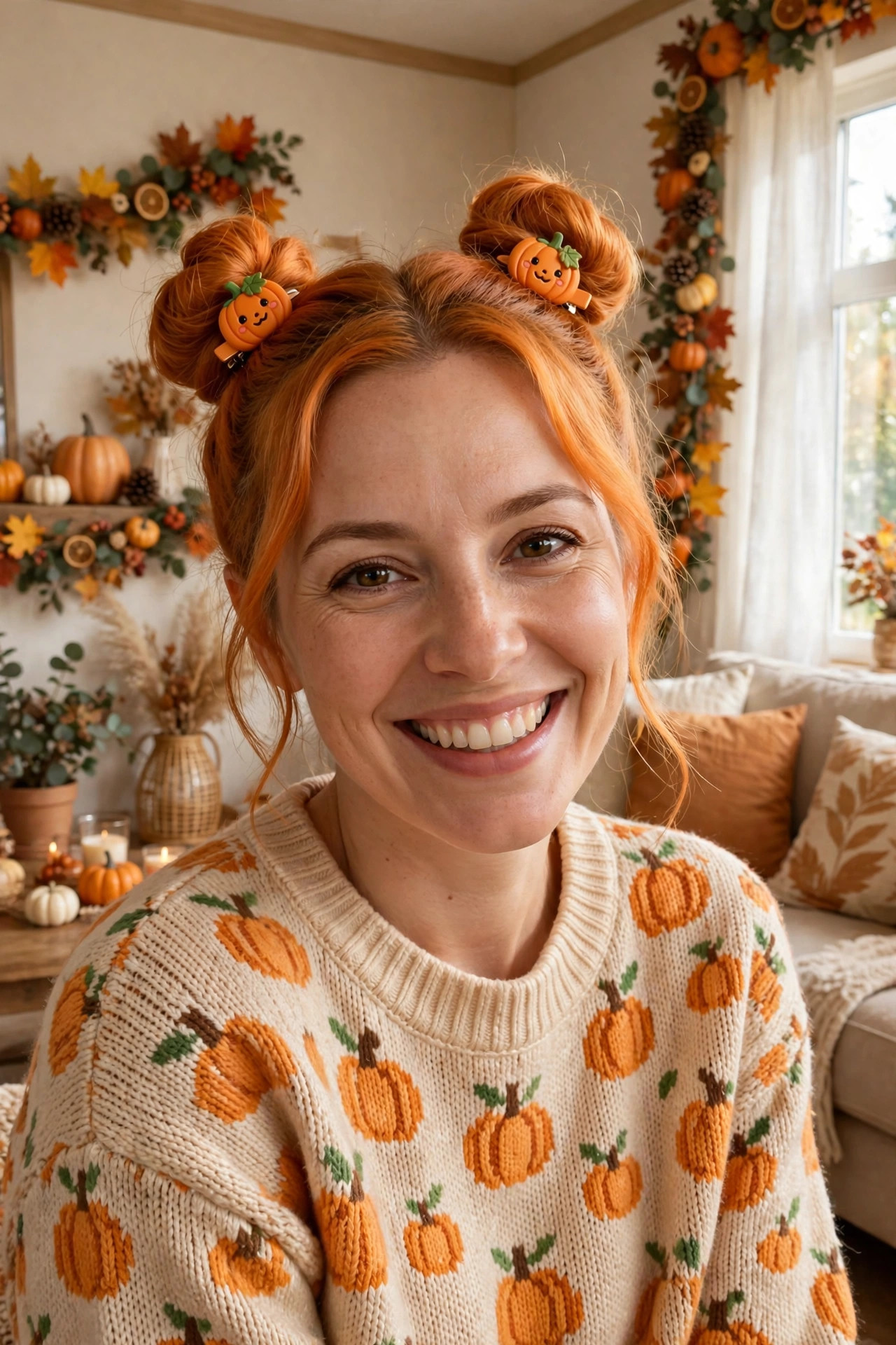 Twin pumpkin buns, a playful halloween hairstyles for women look