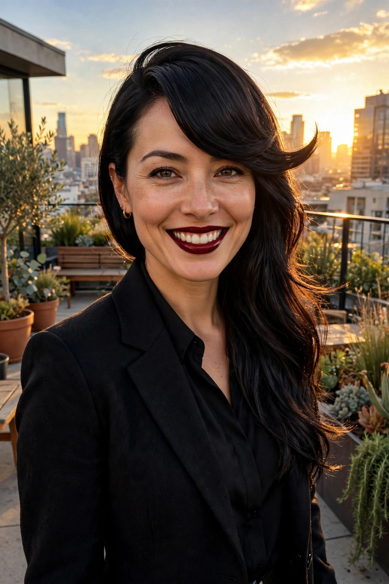 Woman with side-swept bangs on a rooftop terrace