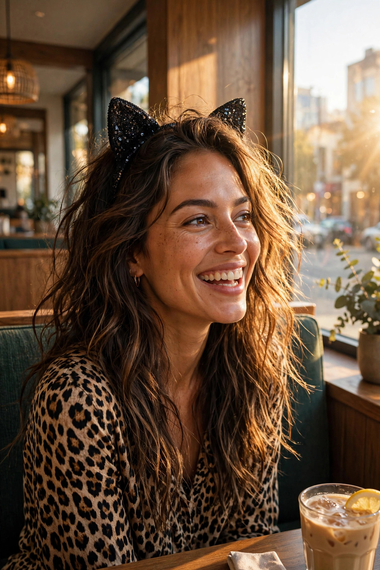 Woman with tousled waves and cat-ear headband