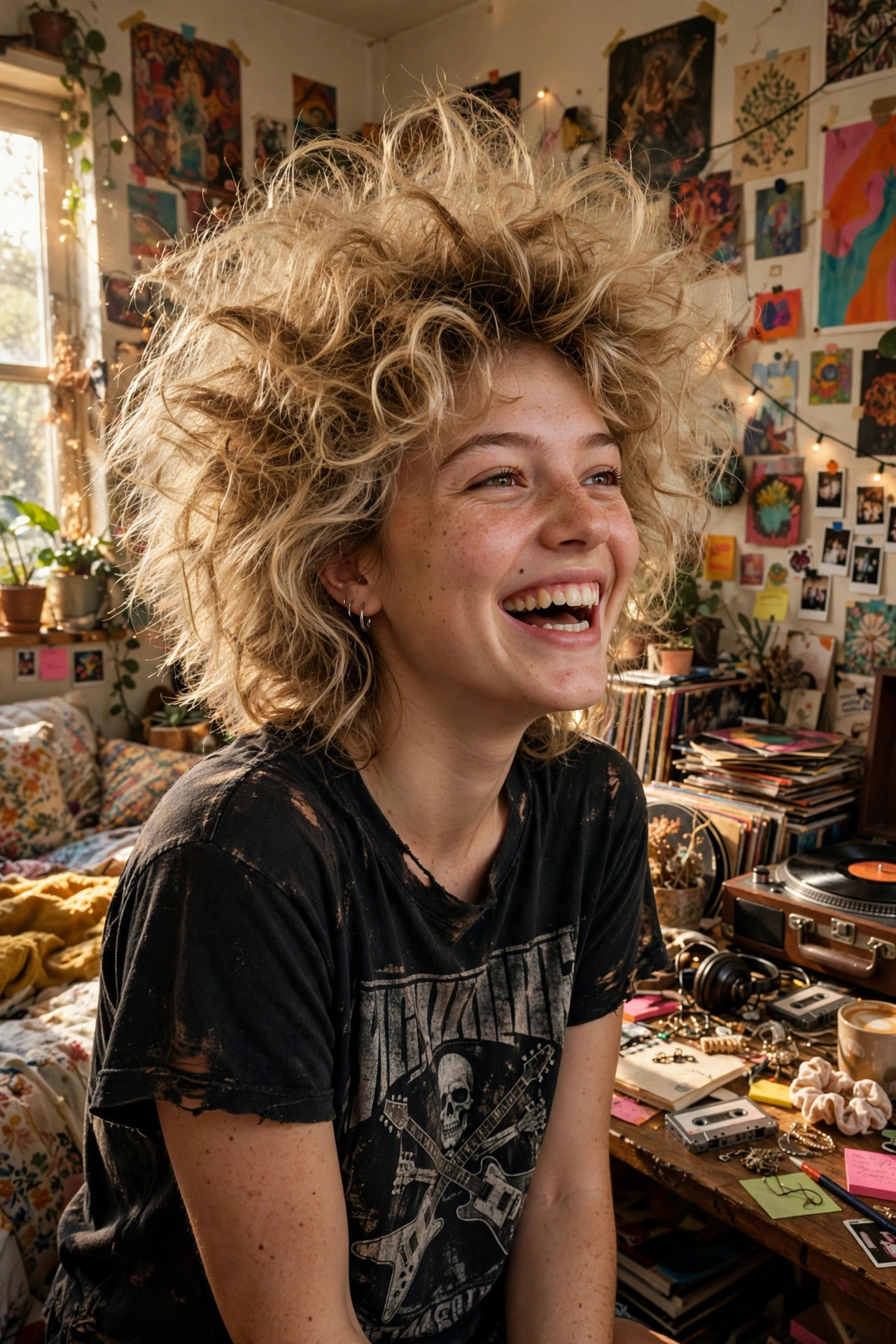 Woman with big teased hair in a bedroom