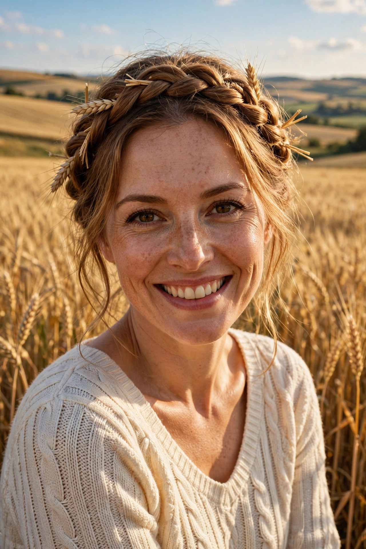 Woman with a golden braid crown in a wheat field