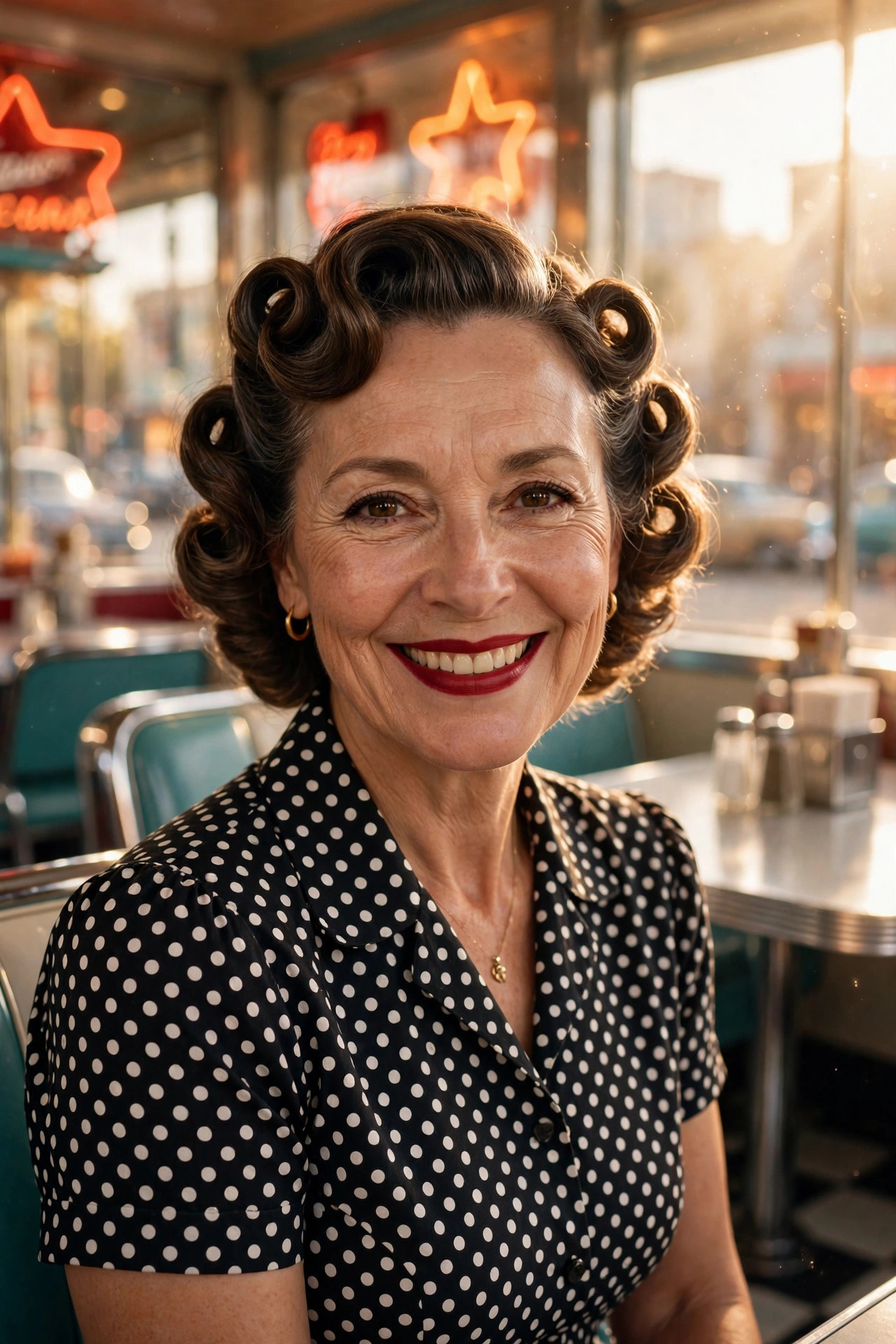 Woman with vintage pin curls in a retro diner