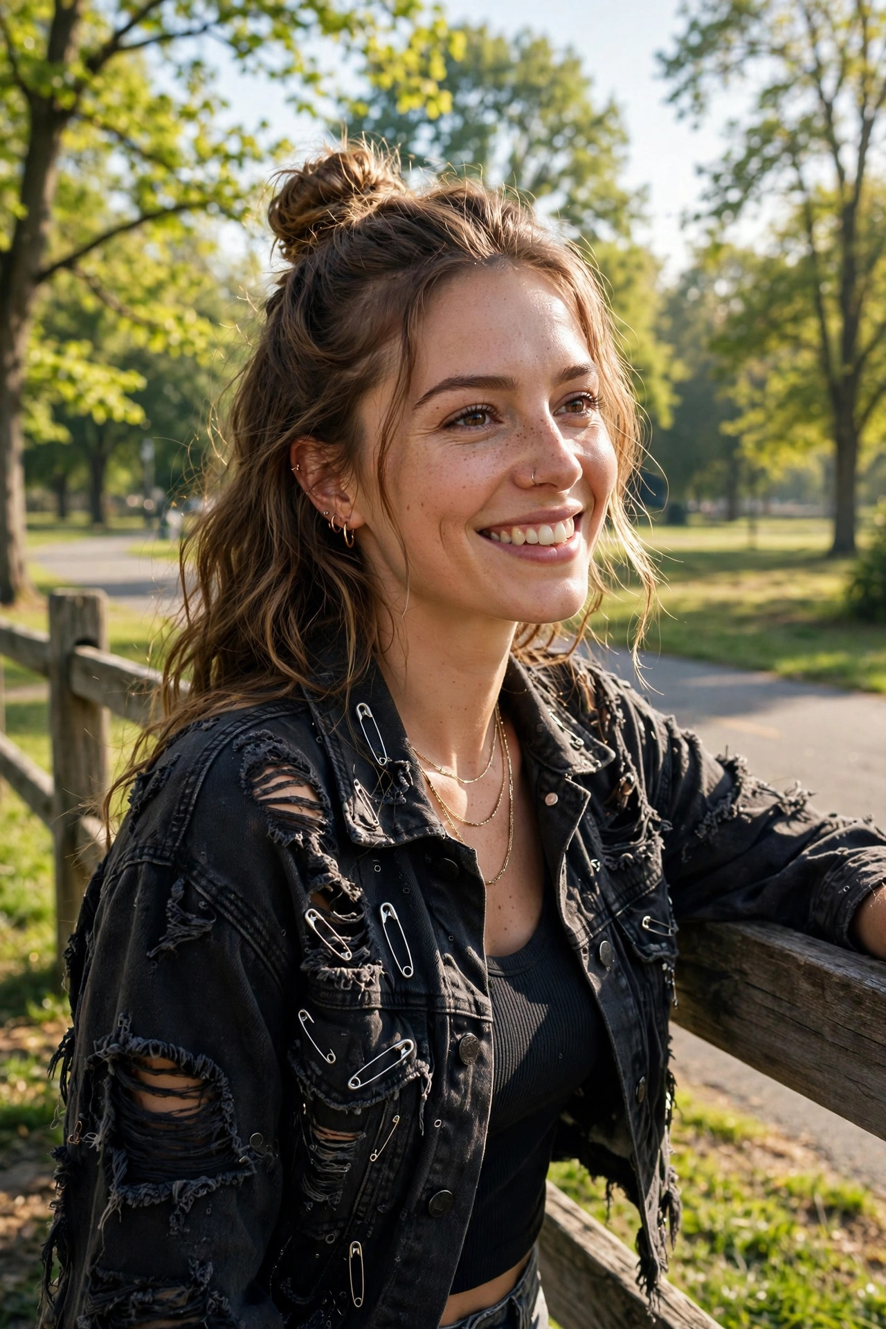 Woman with half-up top knot leaning on a park fence