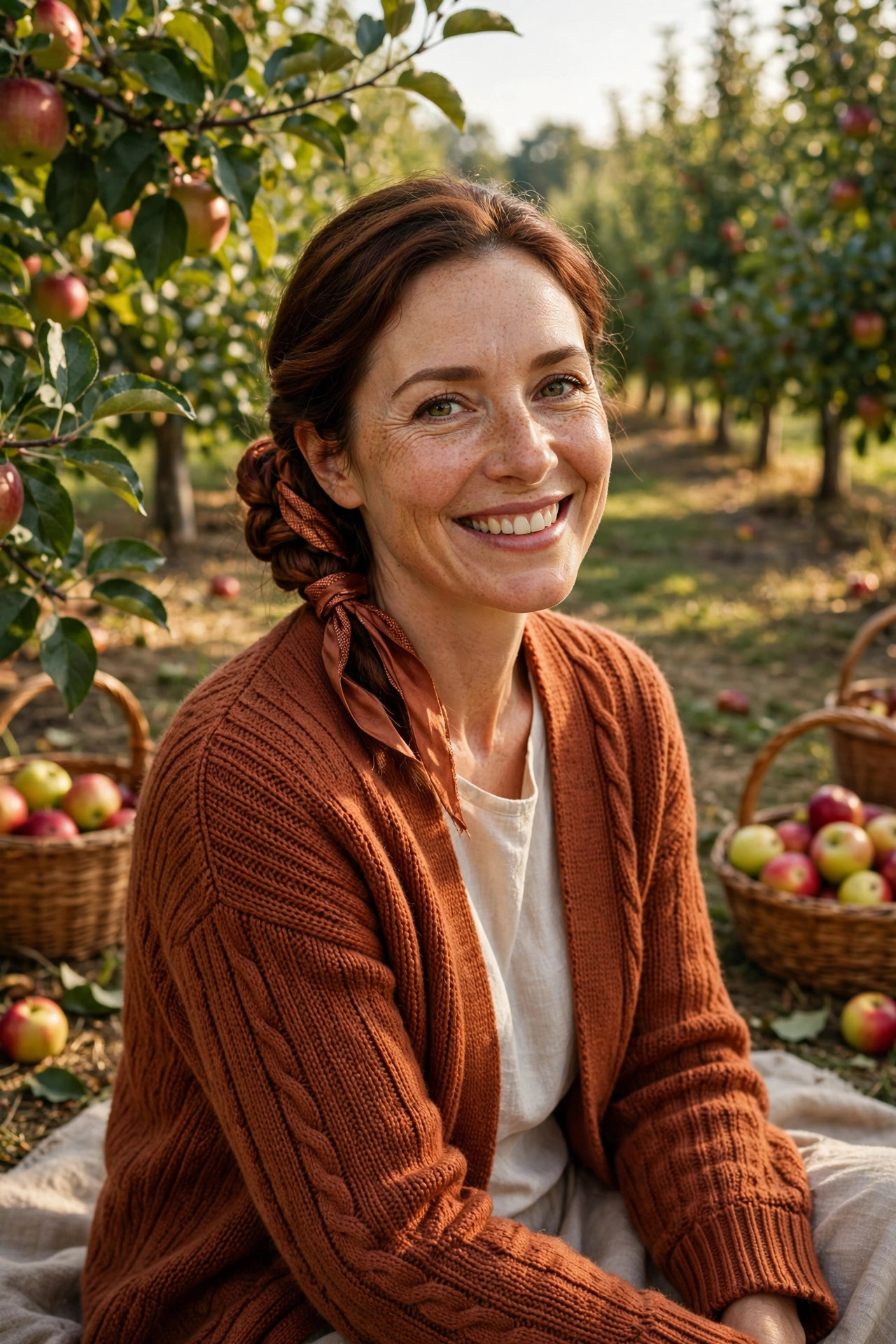 Woman with a low braided bun in an apple orchard