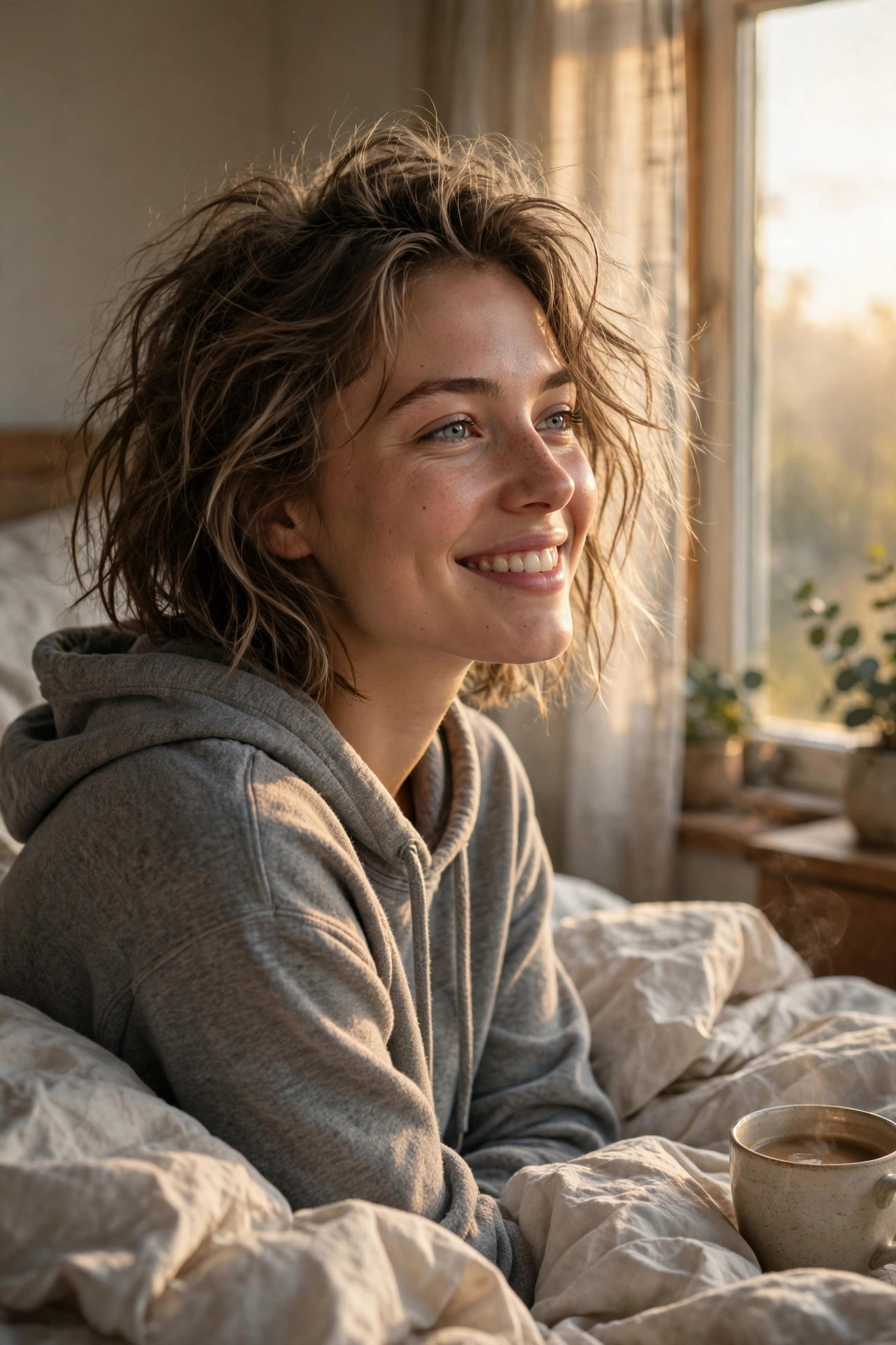 Woman with a tousled lob by a bedroom window