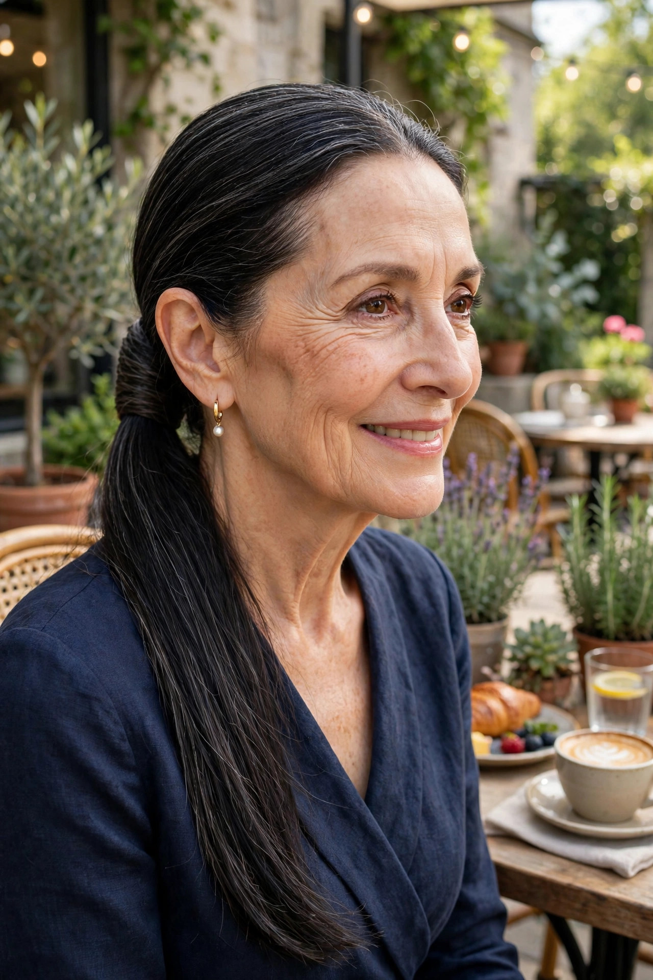 Elegant low ponytail among long hairstyles for women over 50, sleek and polished
