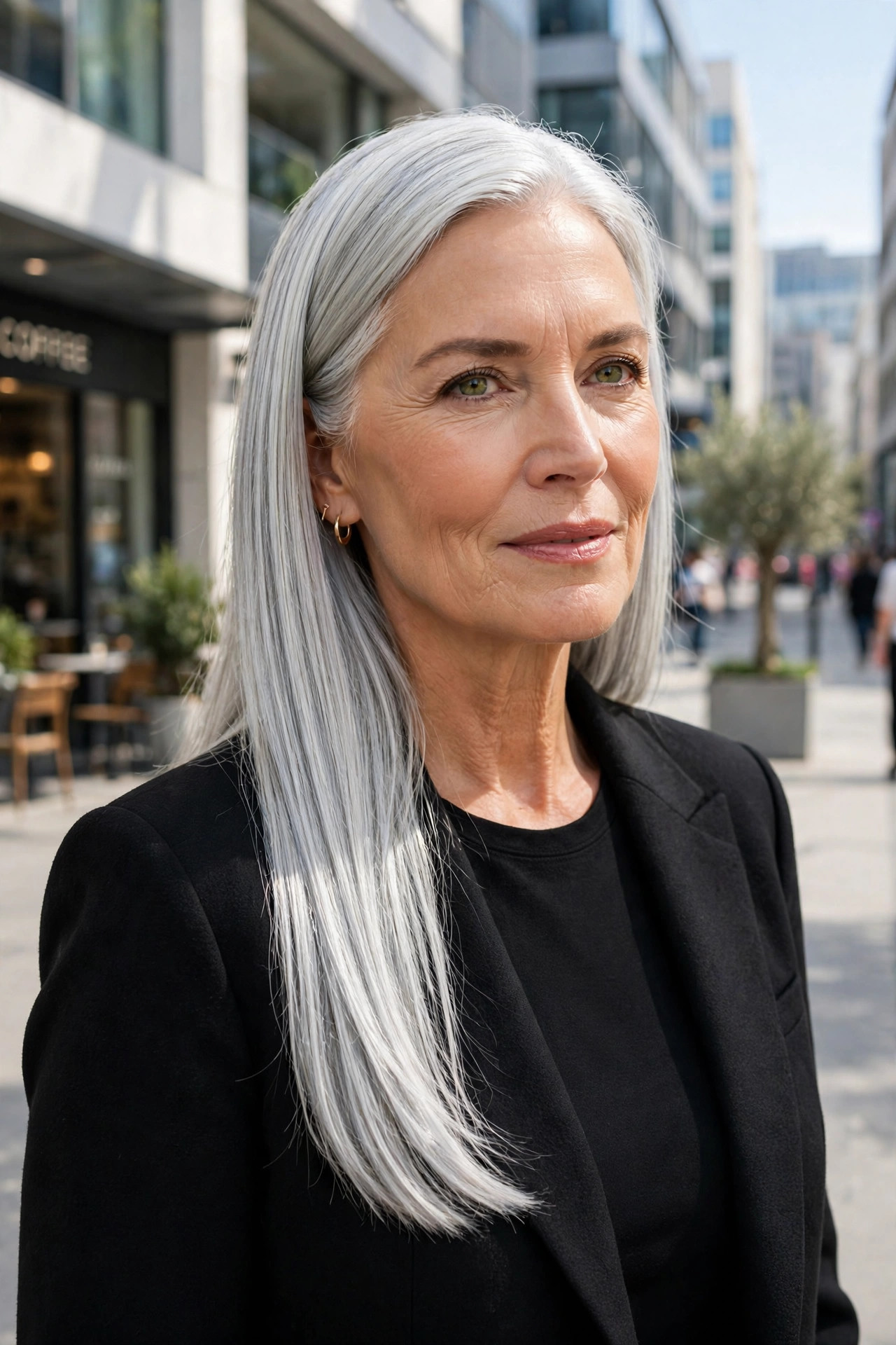 Sleek straight silver locks, a polished version of long hairstyles for women over 50