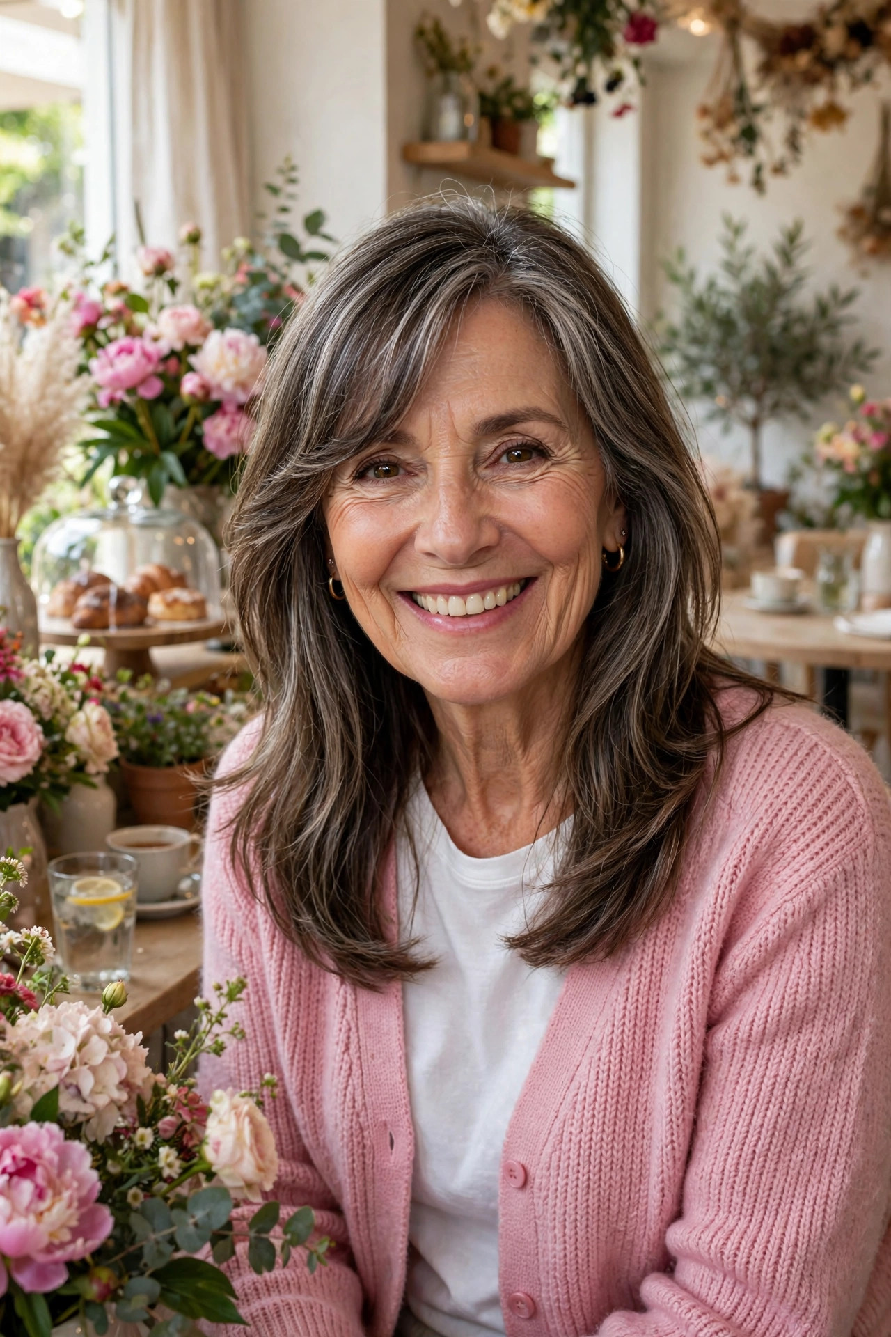 Side-swept curtain bangs paired with long hairstyles for women over 50, face-framing and soft