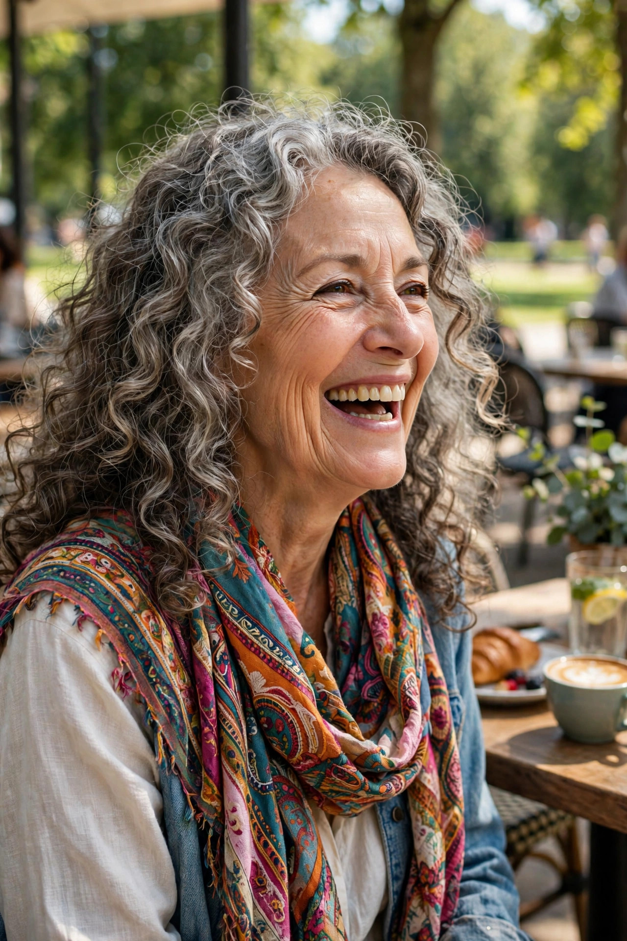 Soft spiral curls with natural bounce and shine on long gray-streaked hair