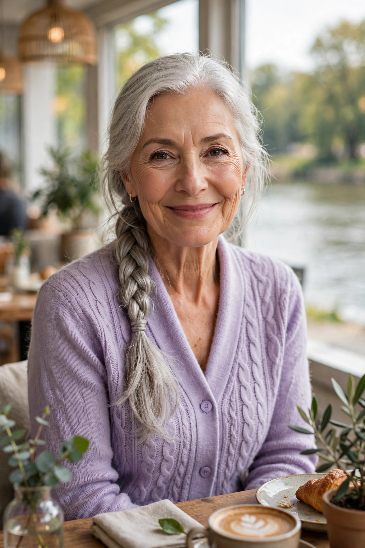 Braided low ponytail with soft texture on long silver hair