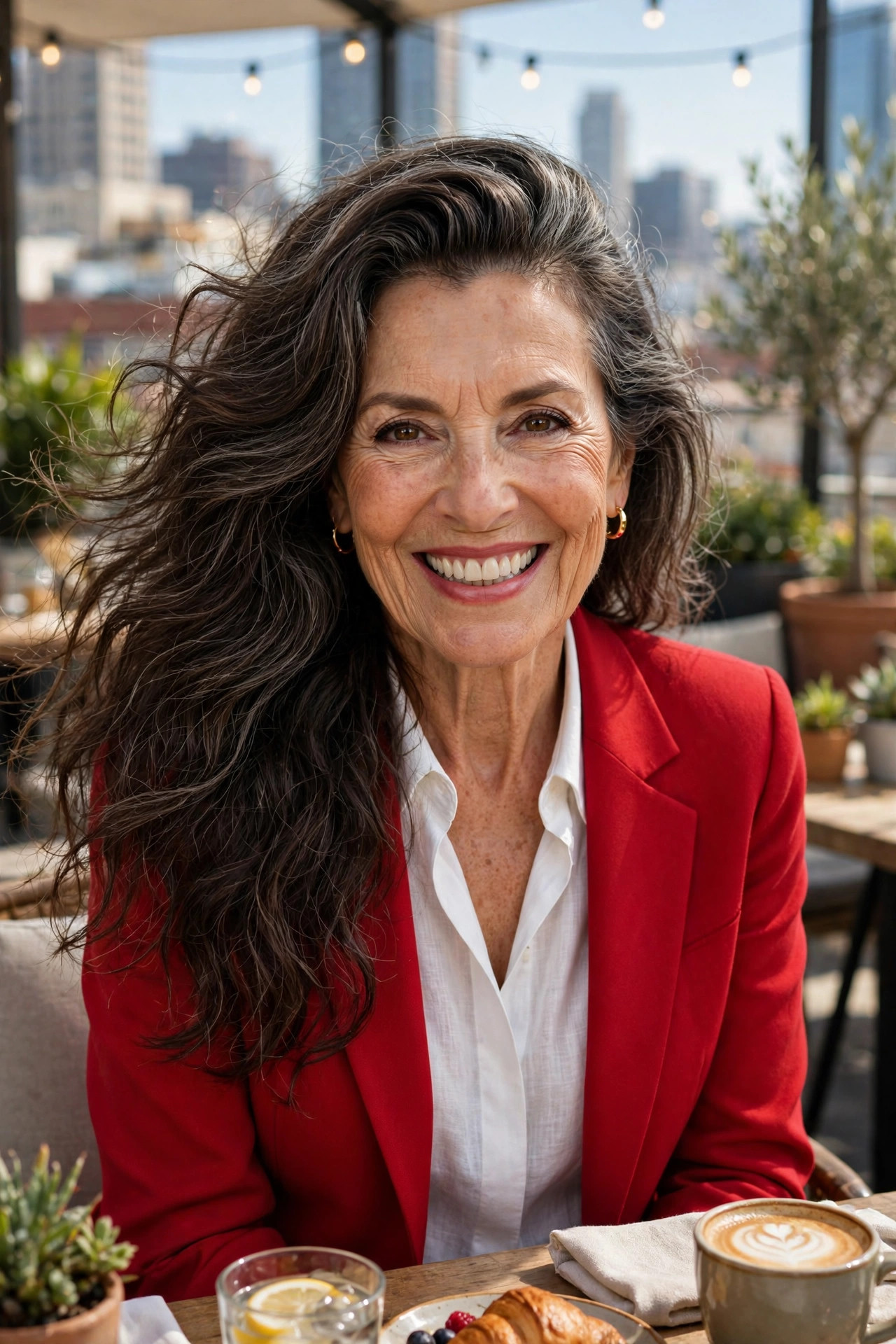 Deep side part with dramatic volume on long voluminous hair