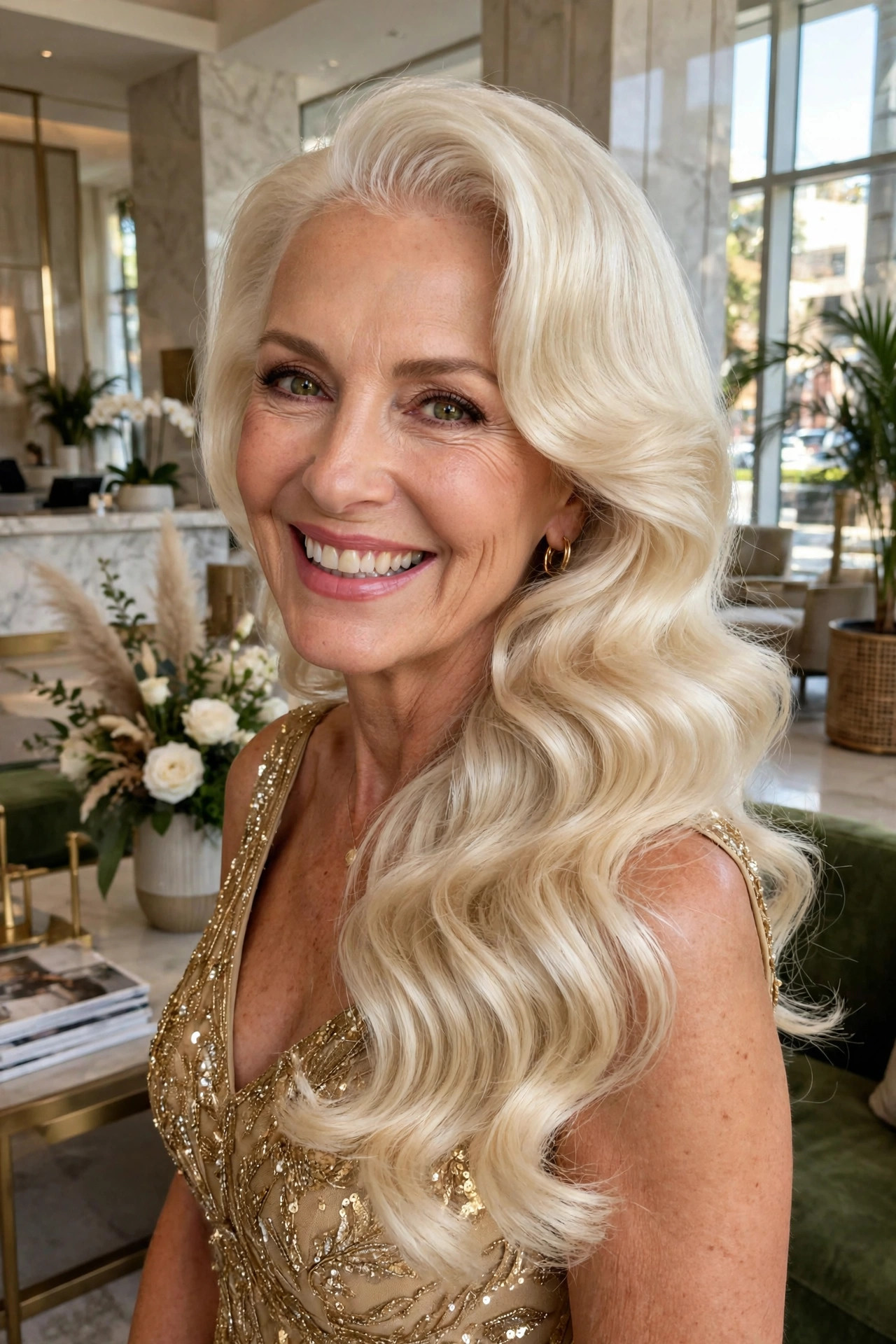 Hollywood glam waves with vintage shine on long platinum hair