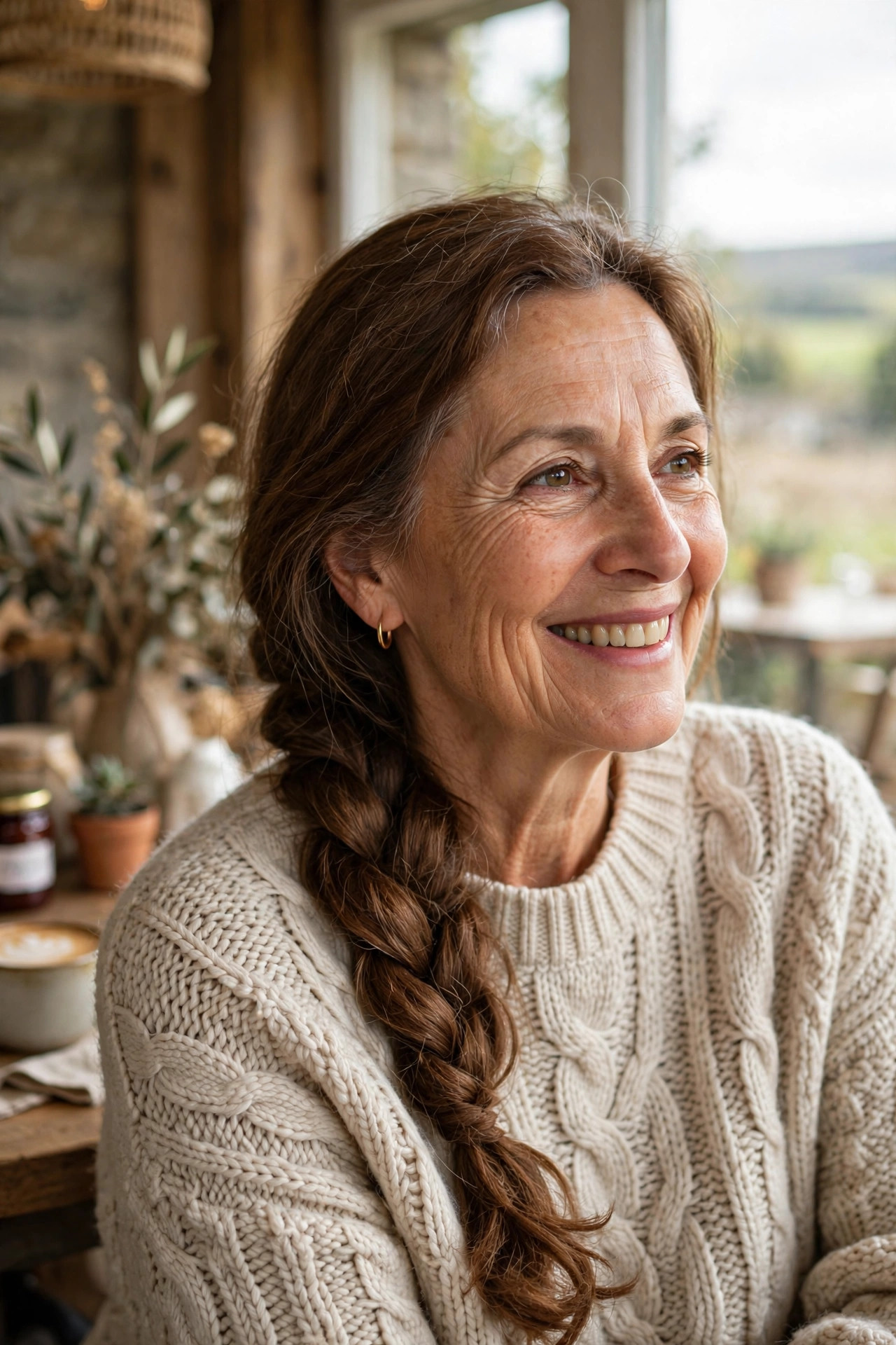 Loose rope braid draped over the shoulder on long chestnut hair