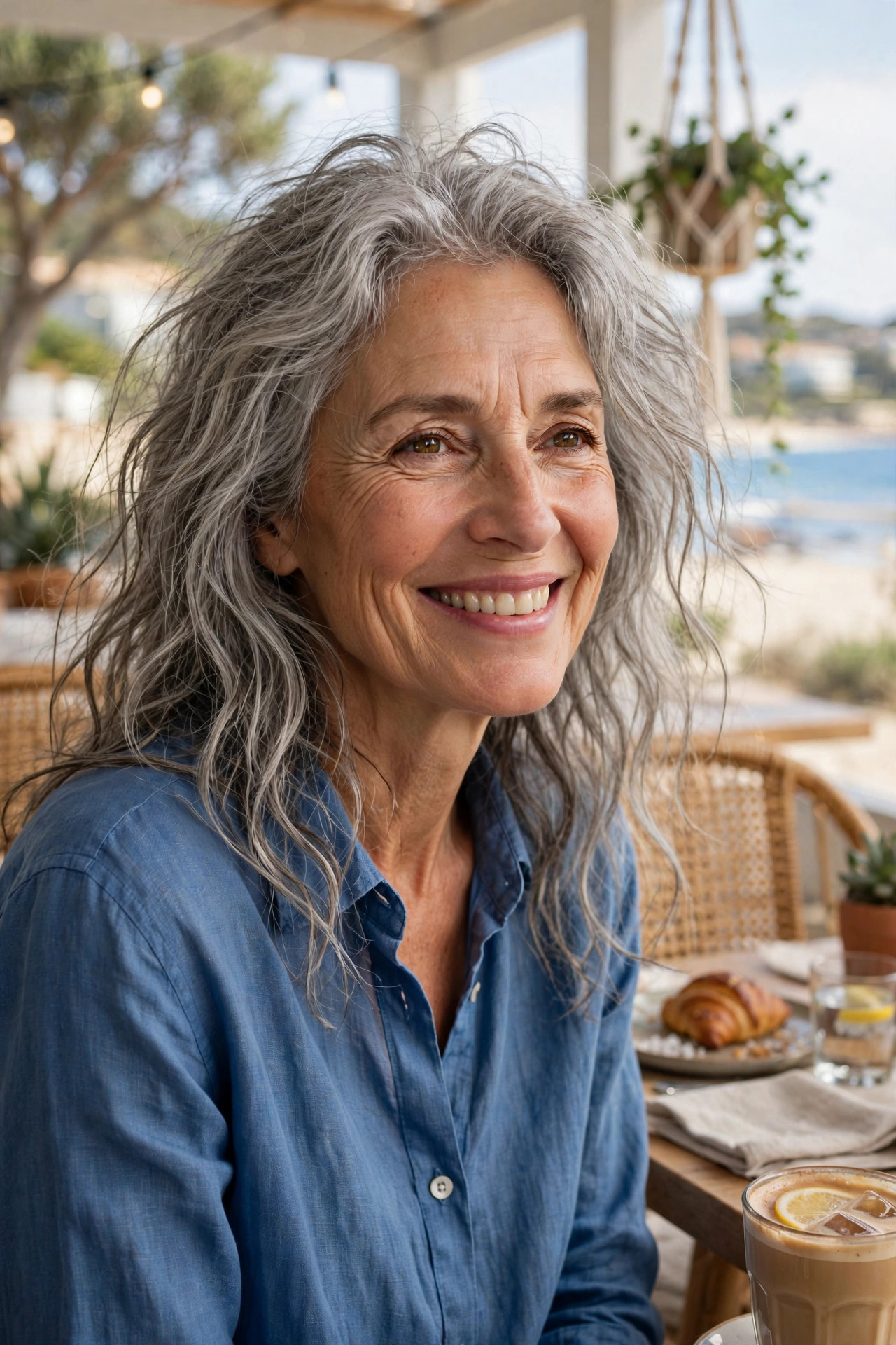 Tousled air-dried texture with natural waves on long gray hair