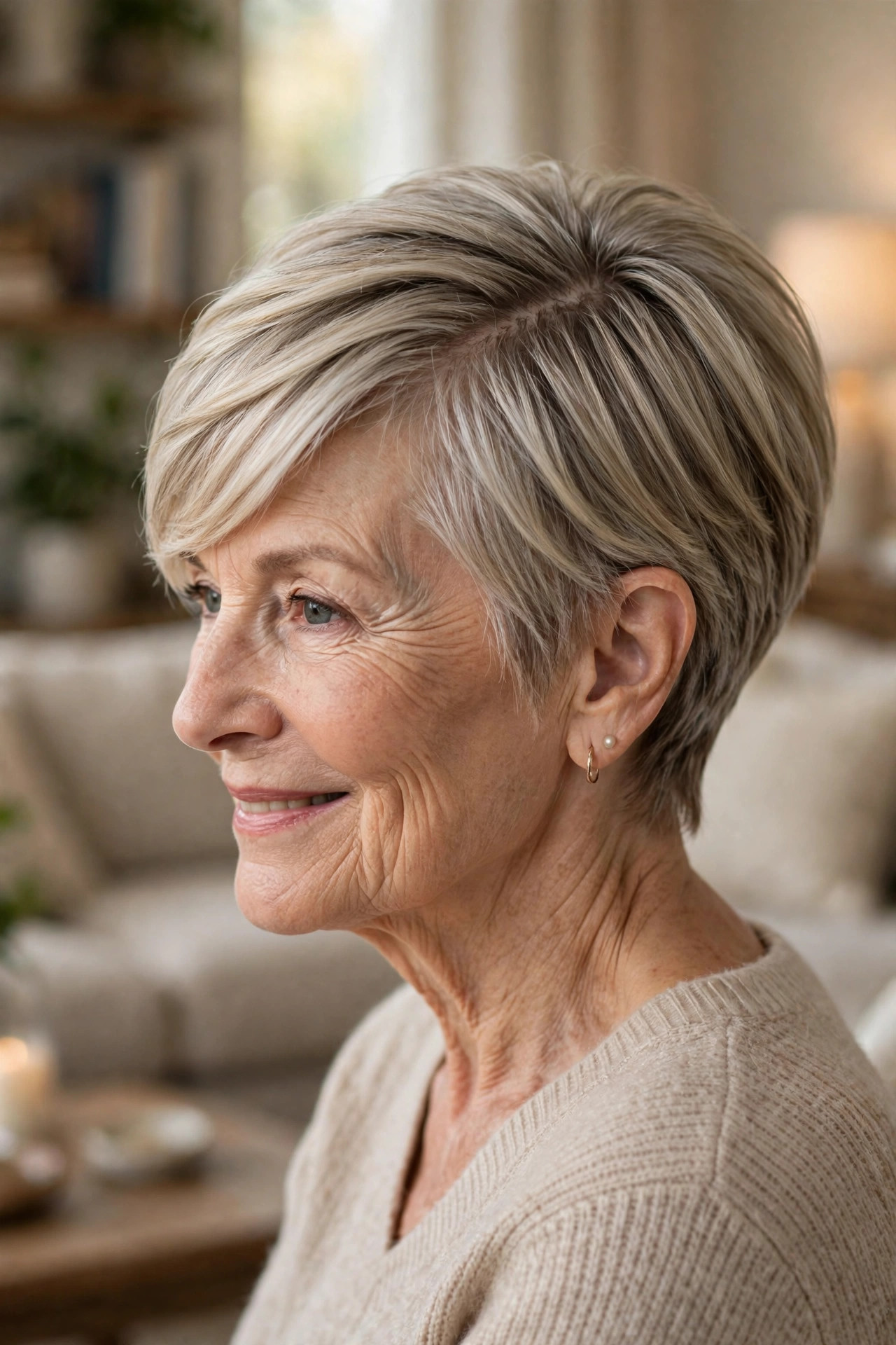 Side-swept long pixie haircuts for older women with ashy blonde tones