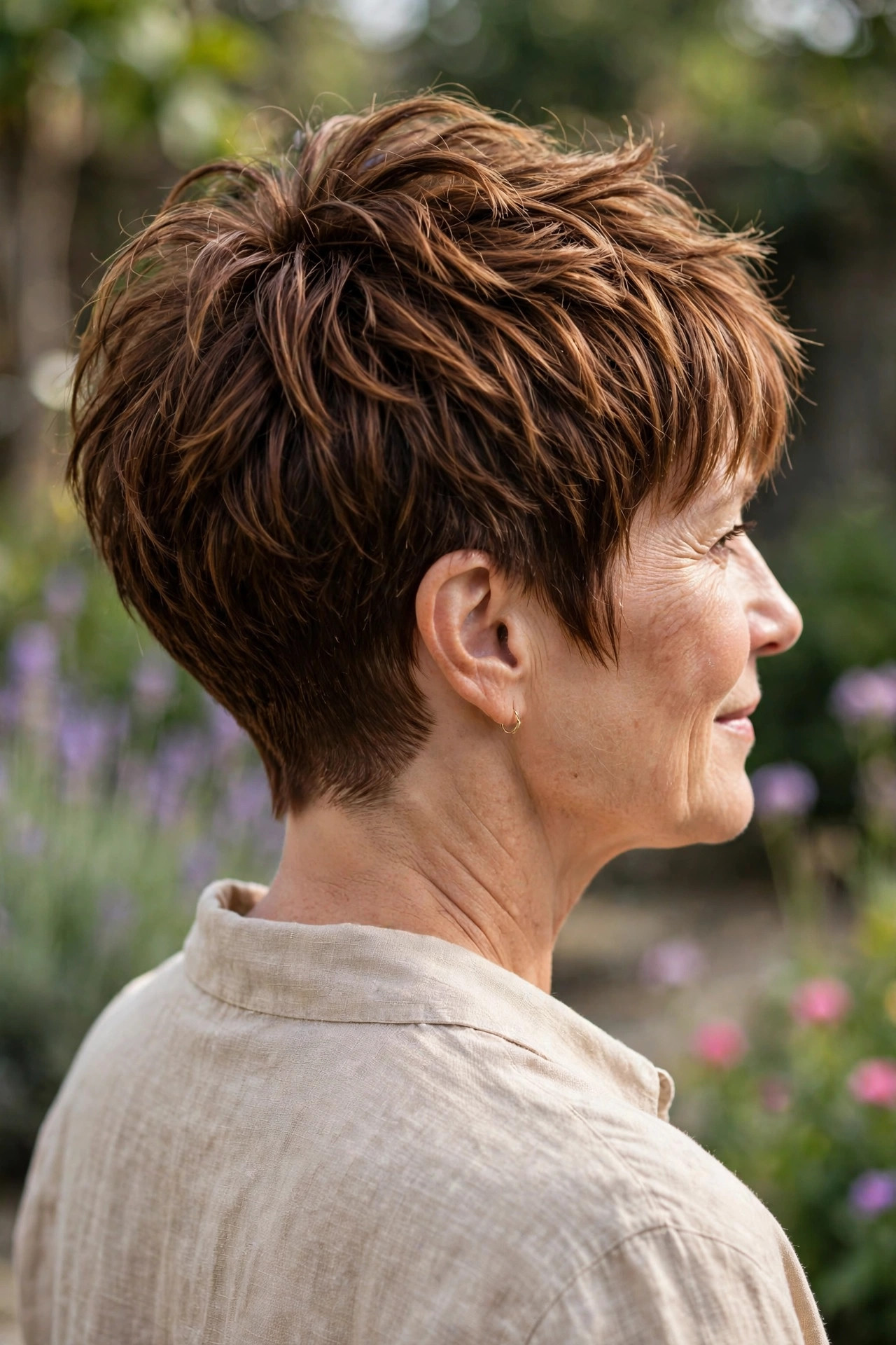 Textured long pixie haircuts for older women with tapered nape and caramel highlights