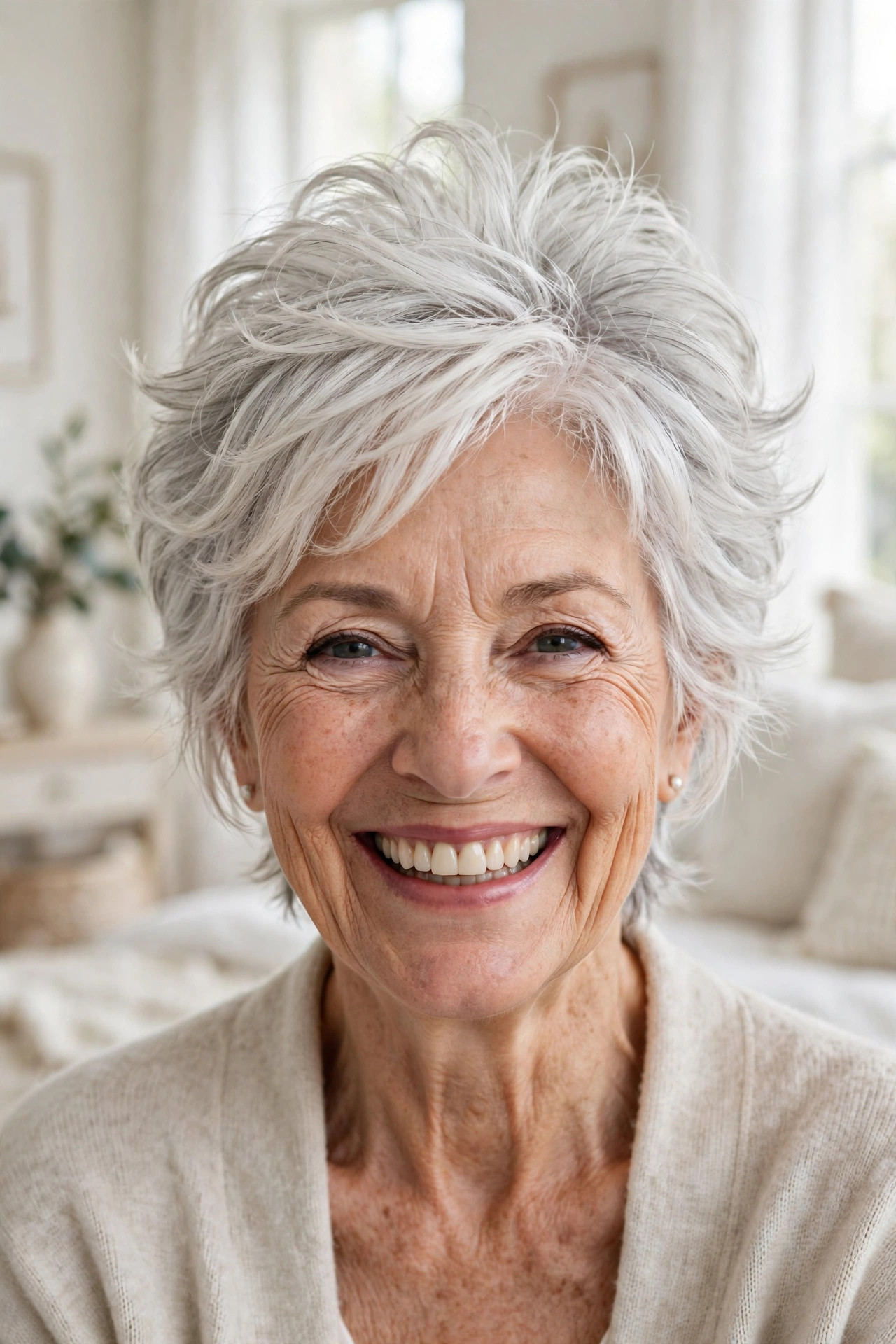 Wispy long pixie haircuts for older women with pearl-white crown volume