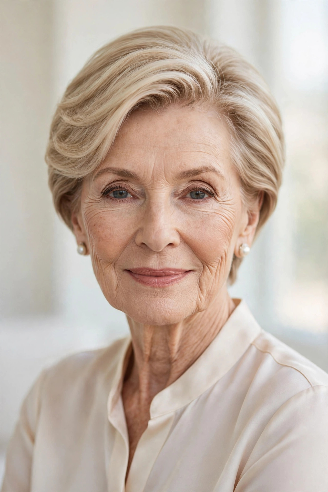Elegant long pixie haircuts for older women with champagne blonde longer crown