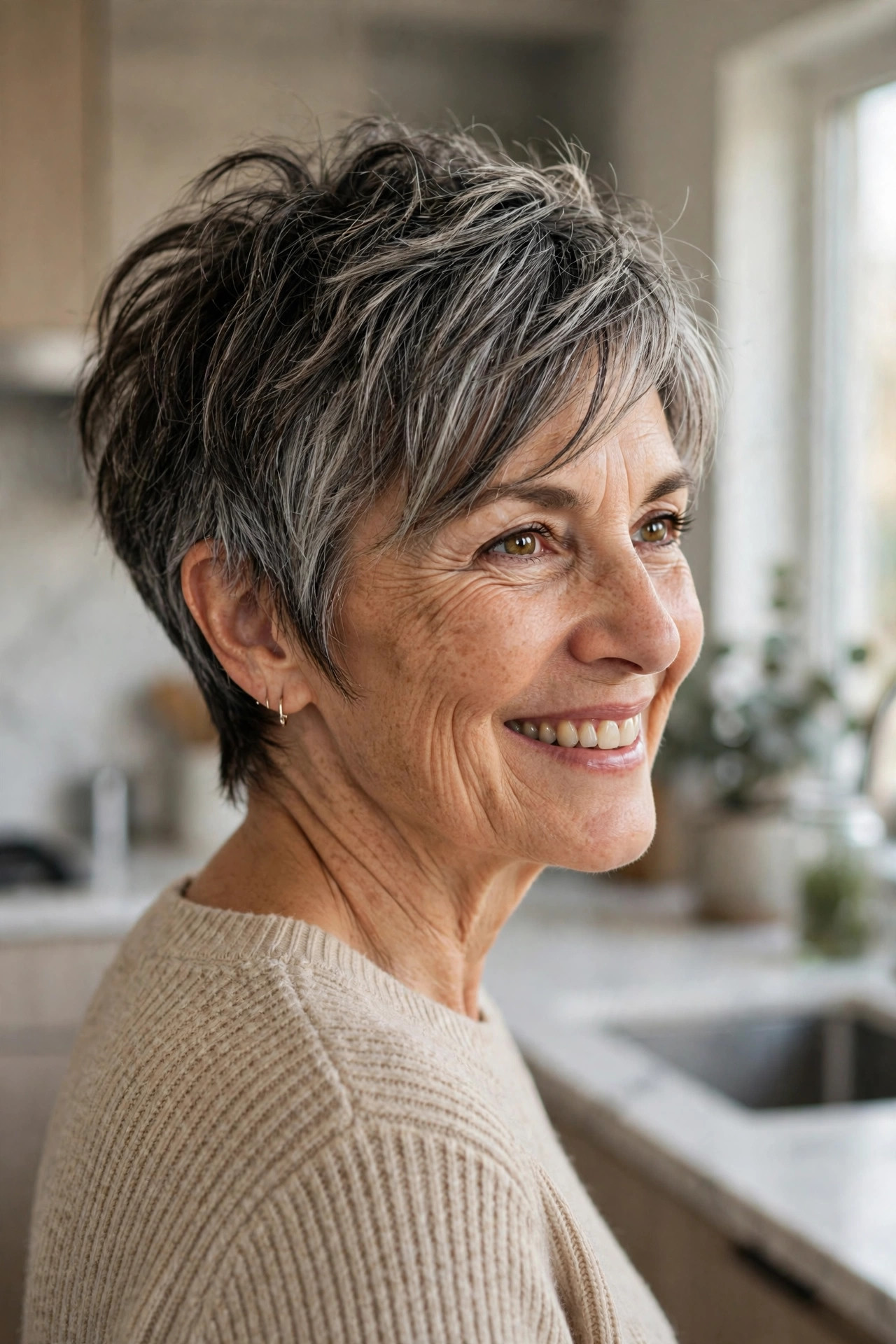 Salt-and-pepper long pixie haircuts for older women with natural dimension