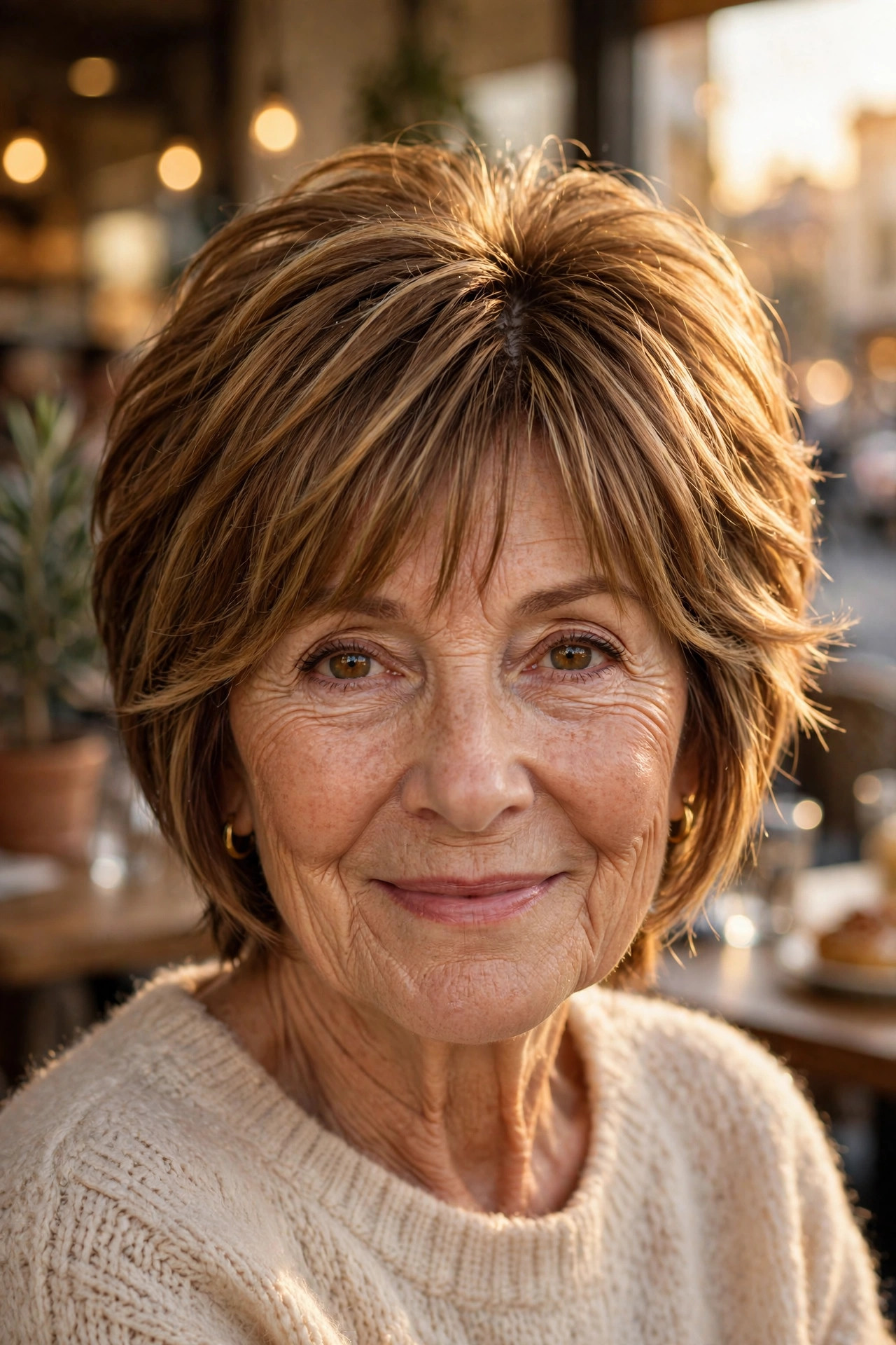 Long pixie with curtain bangs and golden balayage on a mature woman