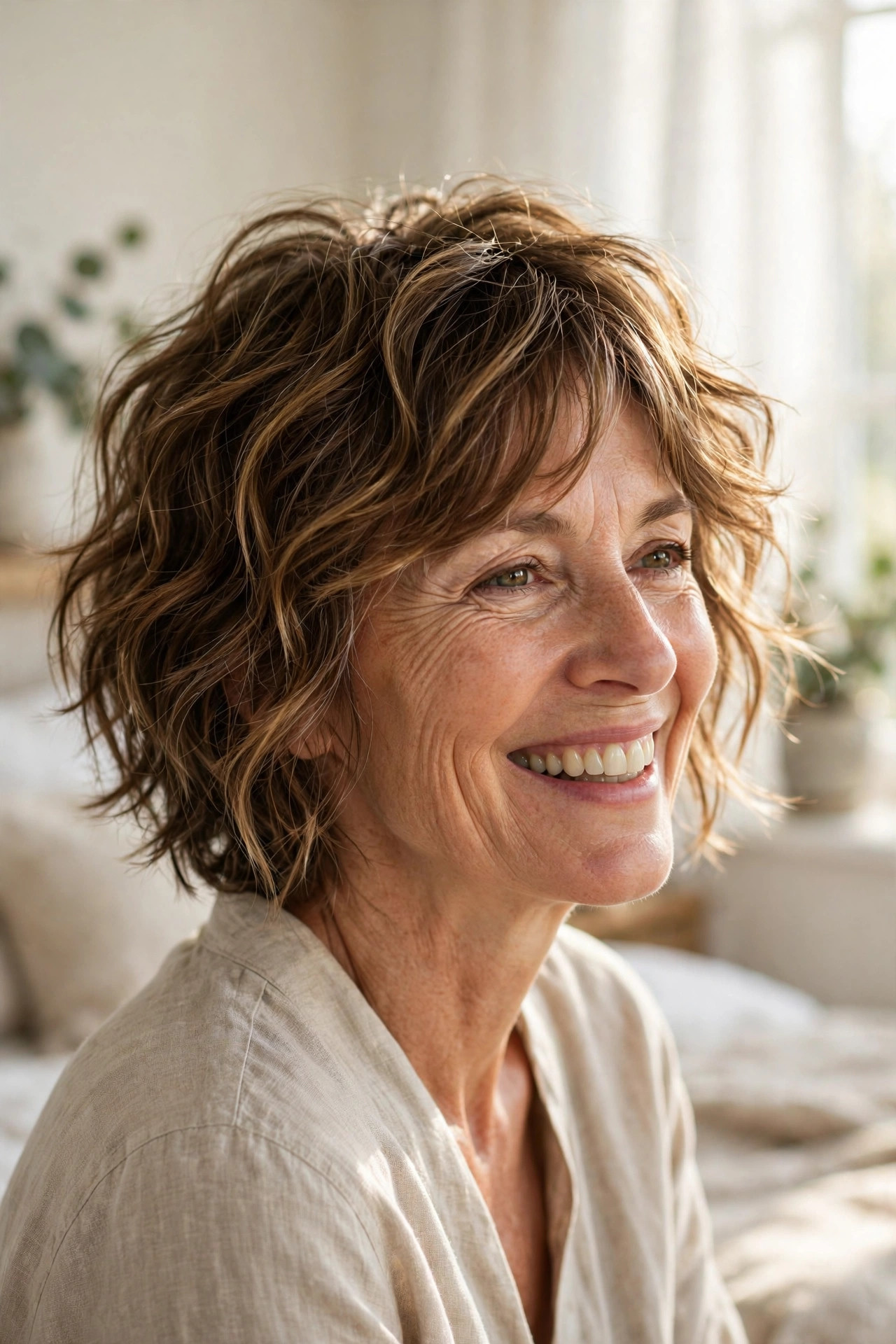 Tousled wavy long pixie haircuts for older women in sunlit brown
