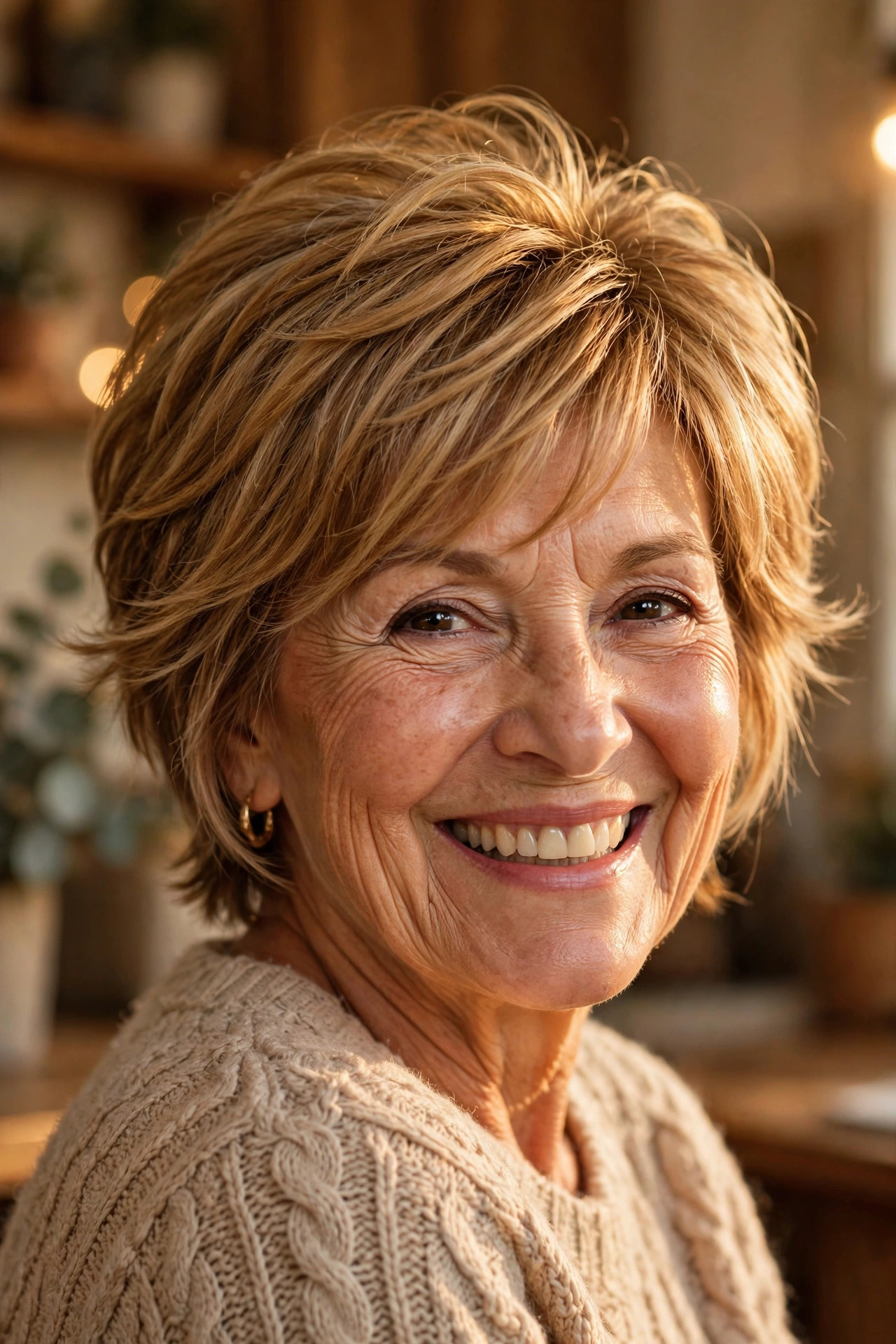 Honey-highlighted long pixie haircuts for older women with golden brown base