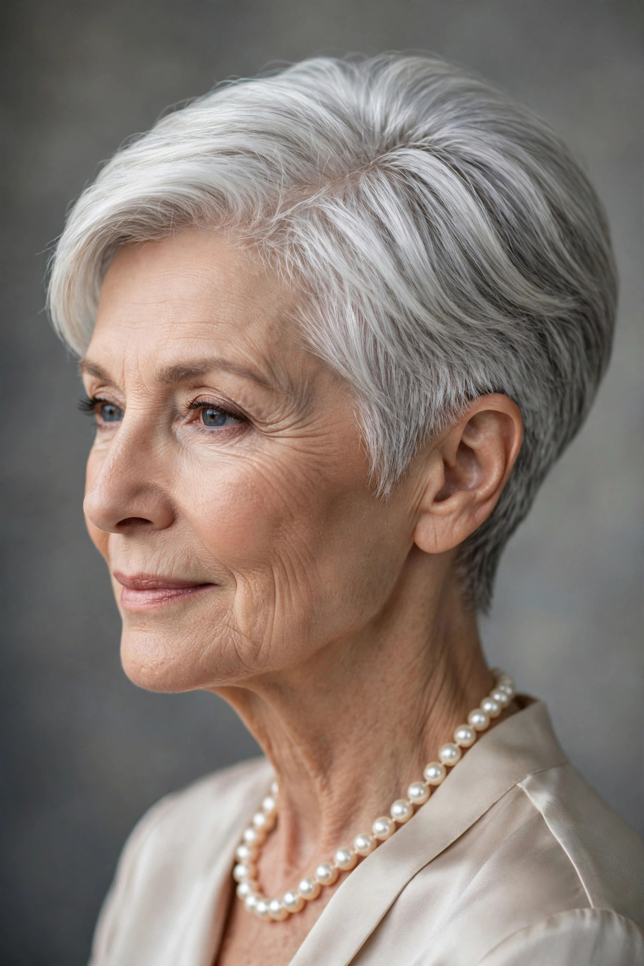 Classic tapered long pixie haircuts for older women in elegant silver