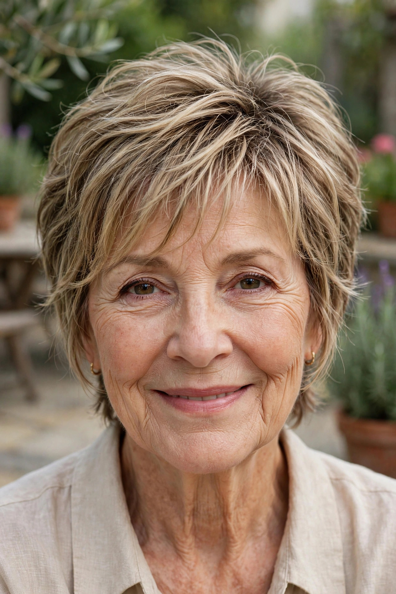 Long pixie with delicate face-framing wisps on a woman in her sixties