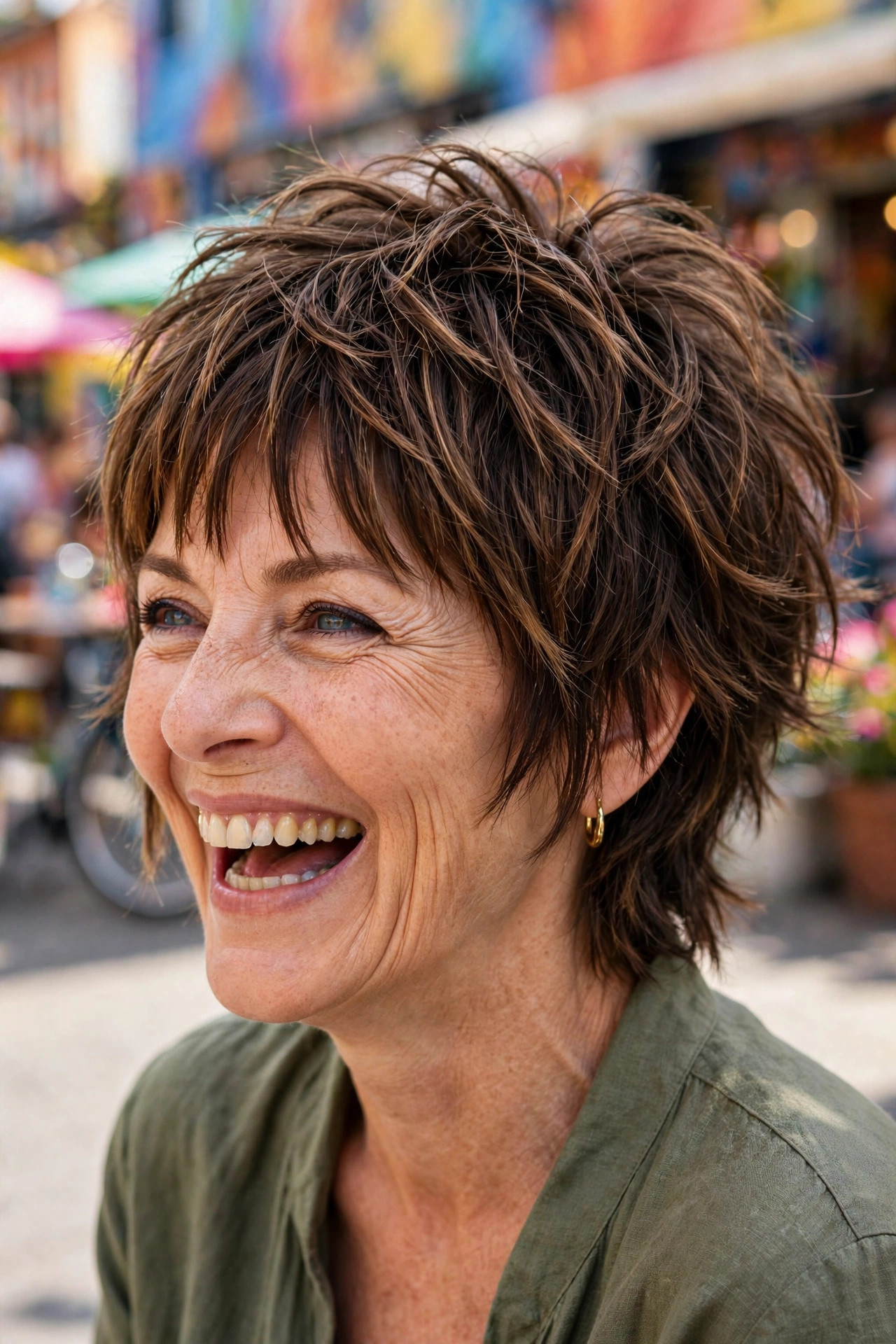 Choppy textured pixie with caramel lowlights for a playful mature woman