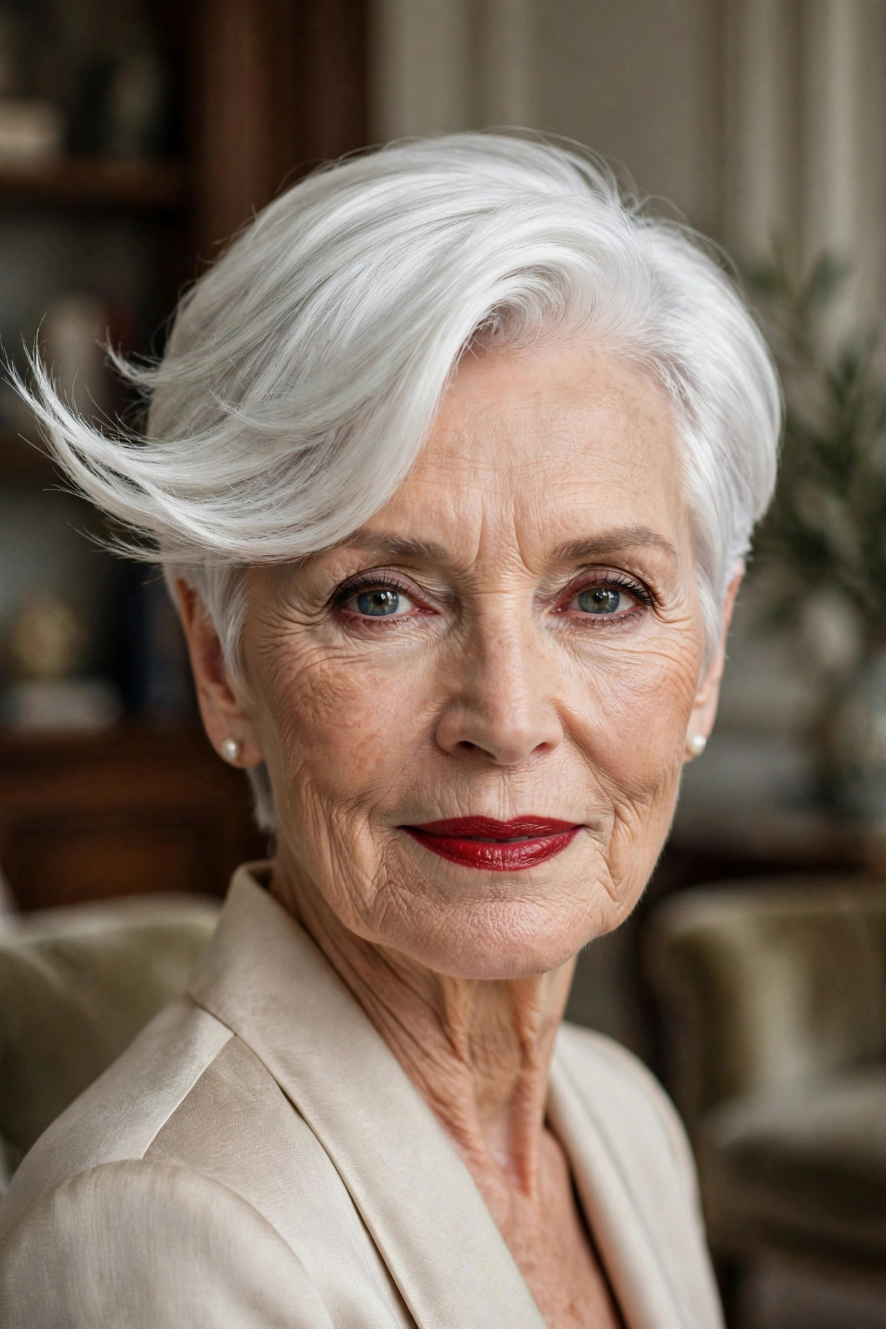 Elegant side-swept white pixie with silvery luminosity for a refined woman