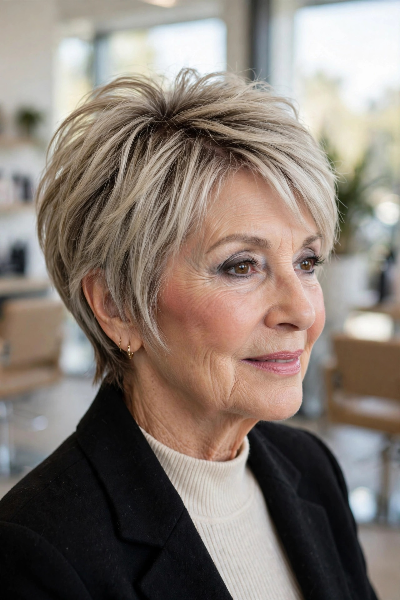 Dimensional ash blonde pixie with shadow roots for a stylish mature woman