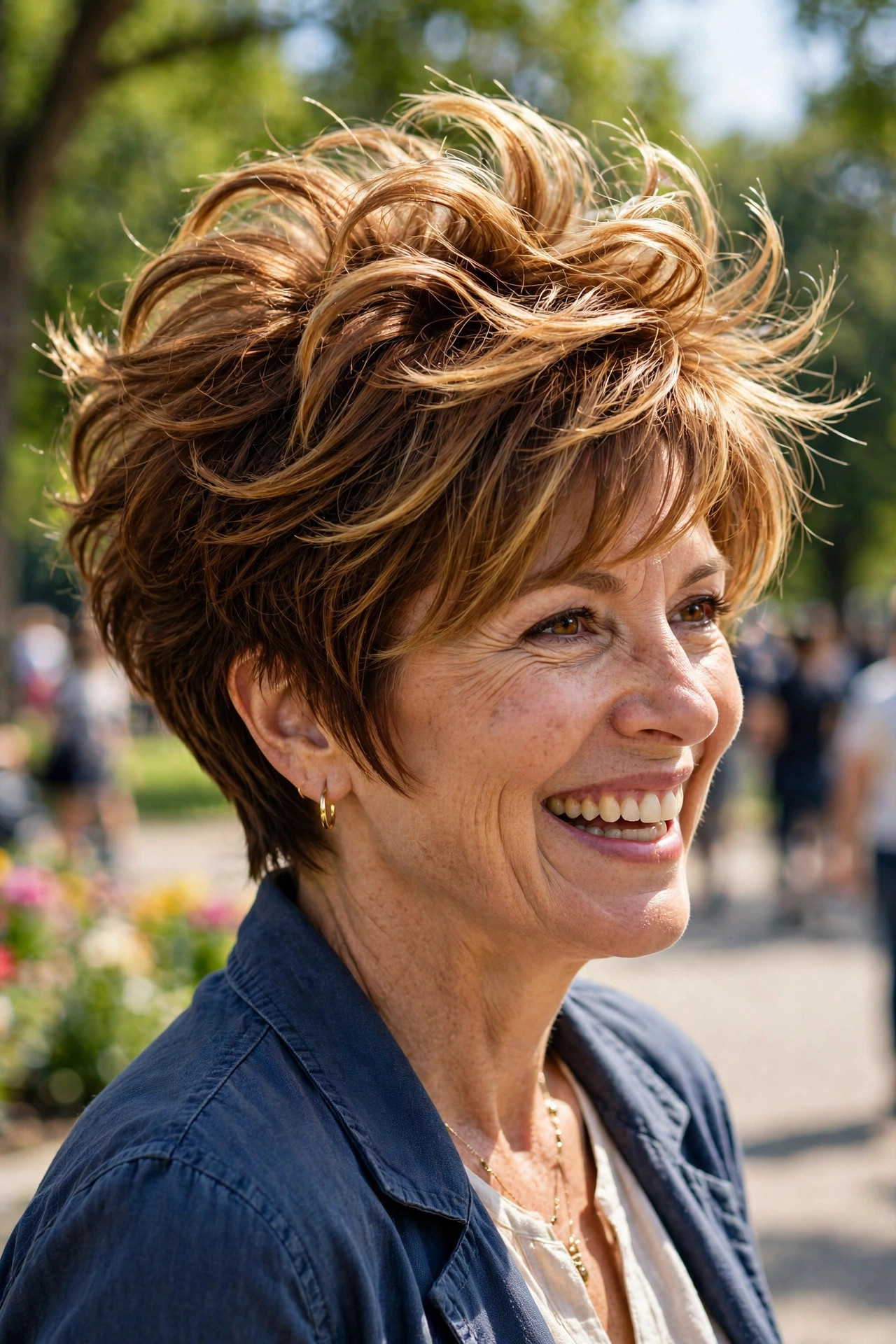 Voluminous layered crown pixie in warm chestnut for an energetic woman