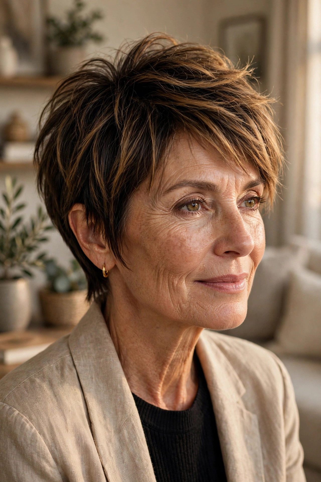 Brunette pixie with espresso root depth melting into caramel ends