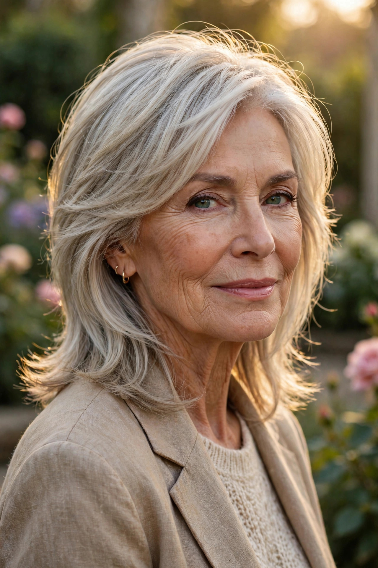 Chic grown-out pixie with silver-blonde blending brushing the collar