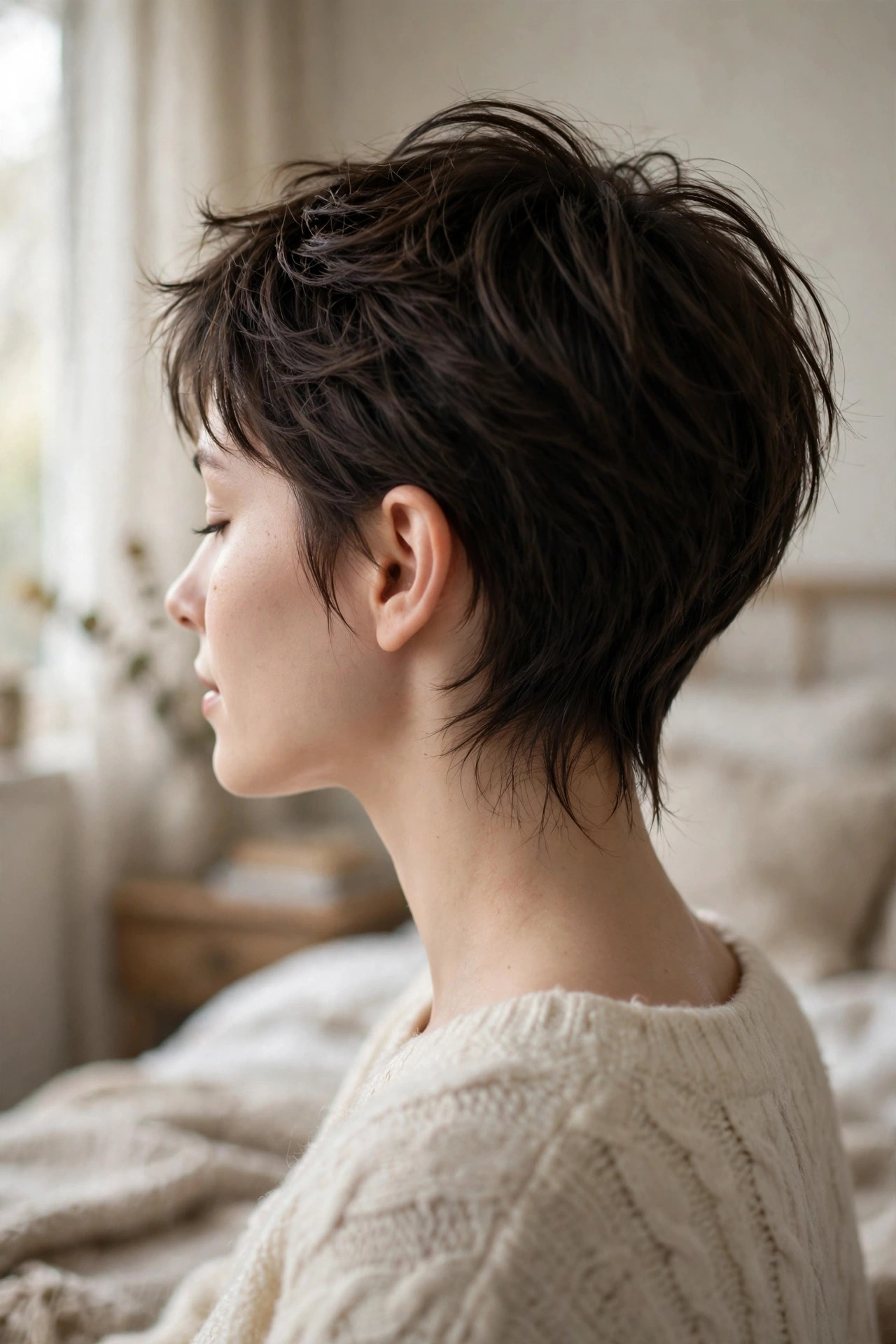 woman with long pixie haircuts in dark brown