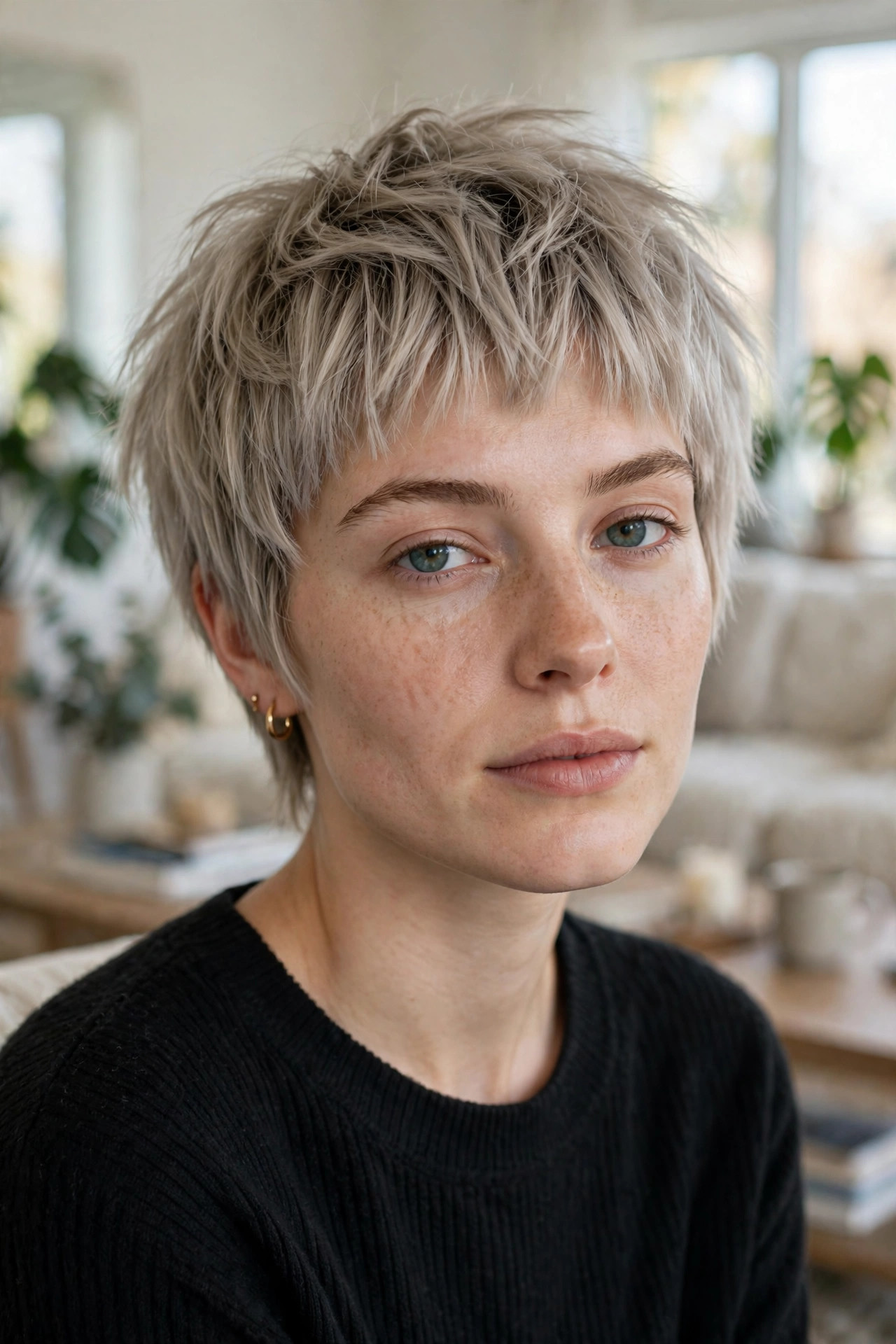 choppy ash blonde fringe pixie