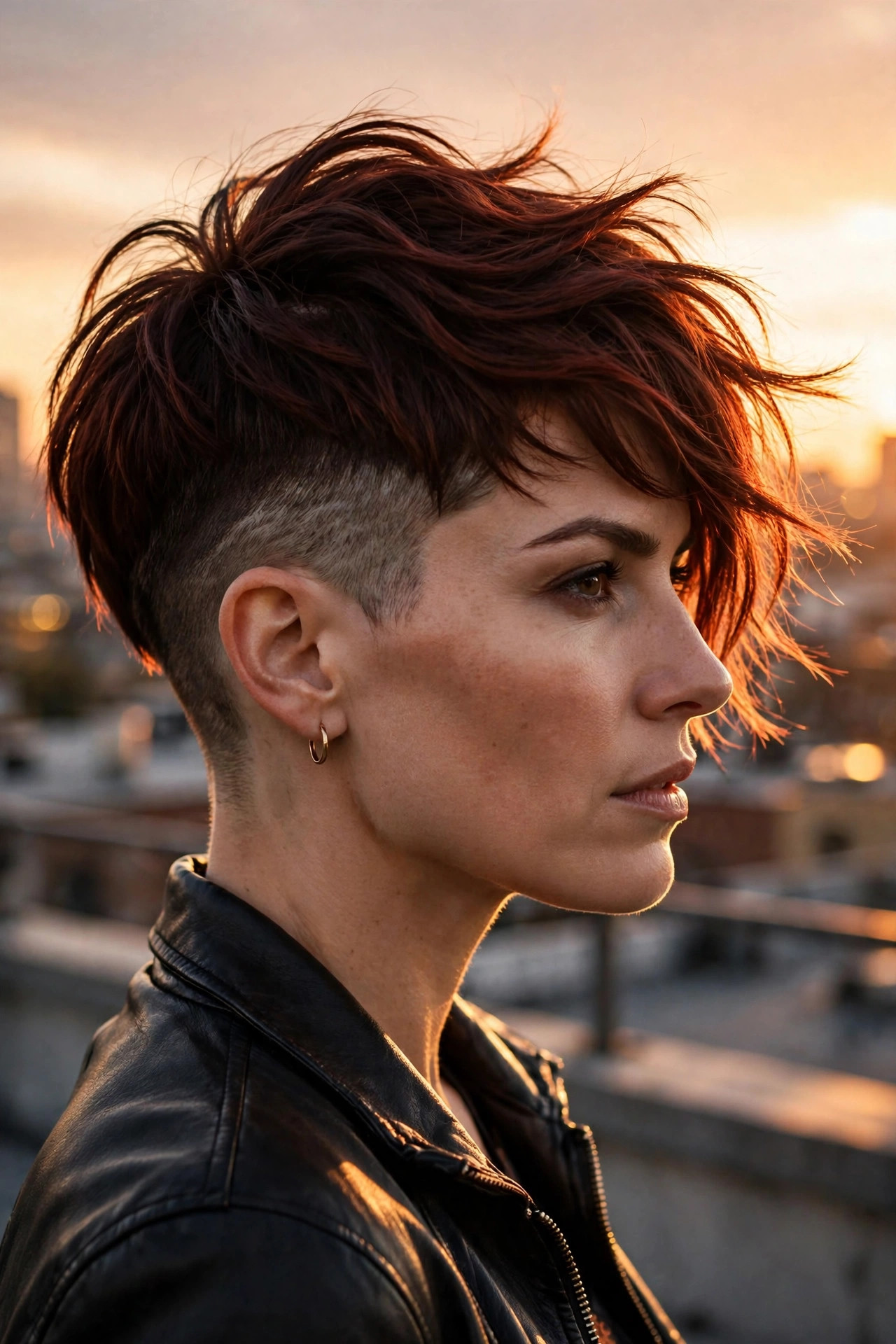 undercut pixie with long auburn top