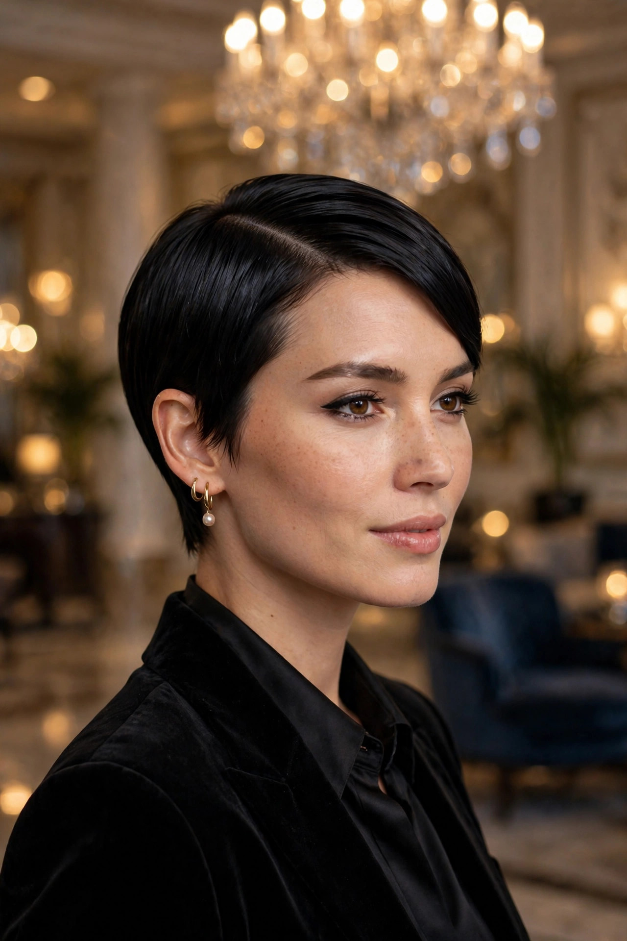 sleek side part pixie with shine