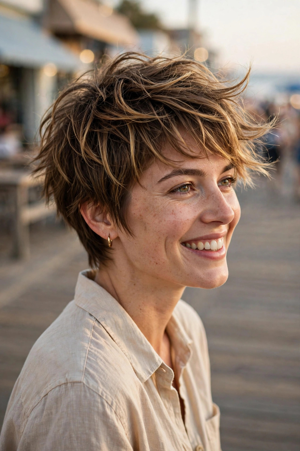 long pixie haircuts with honey highlights