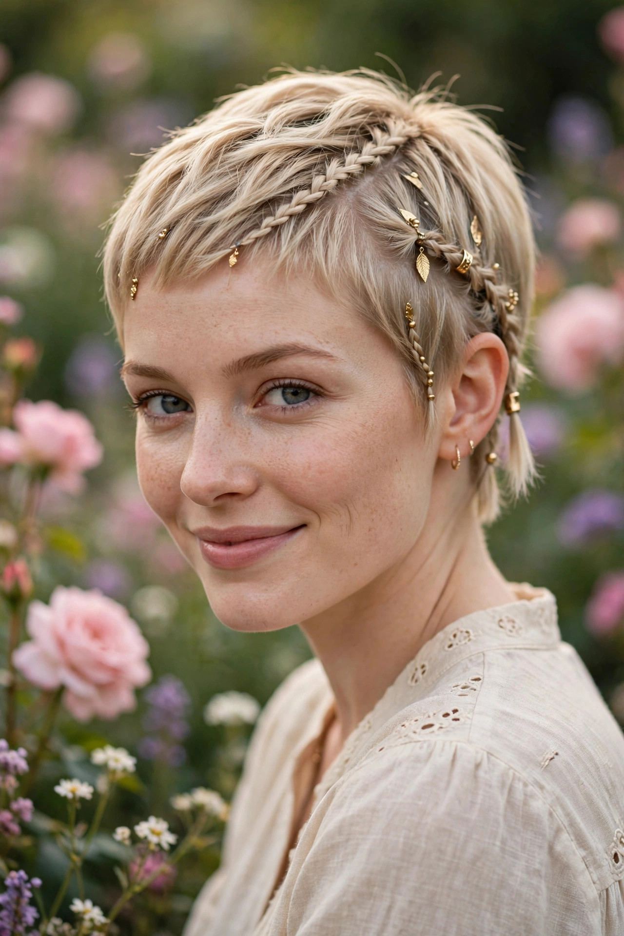 pixie cut with braided crown accent
