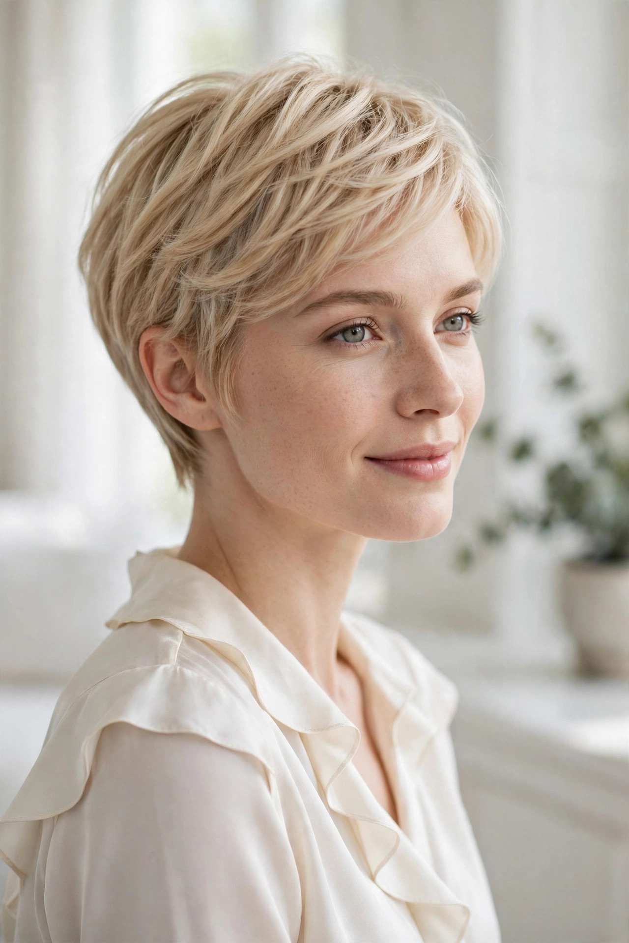 pearl blonde dimensional pixie cut