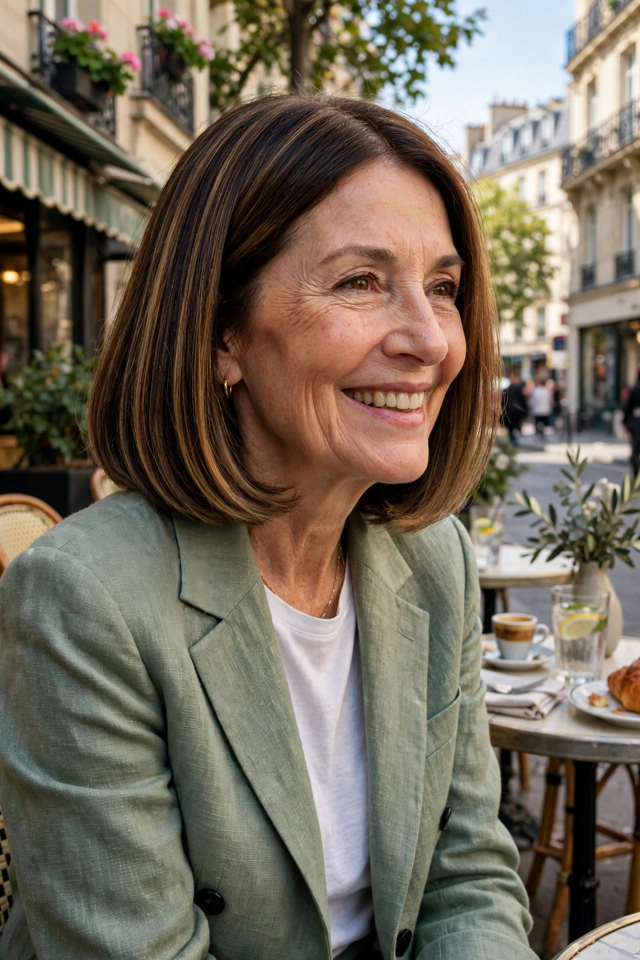 medium length hairstyles for women over 50 featuring a soft blunt lob with caramel highlights