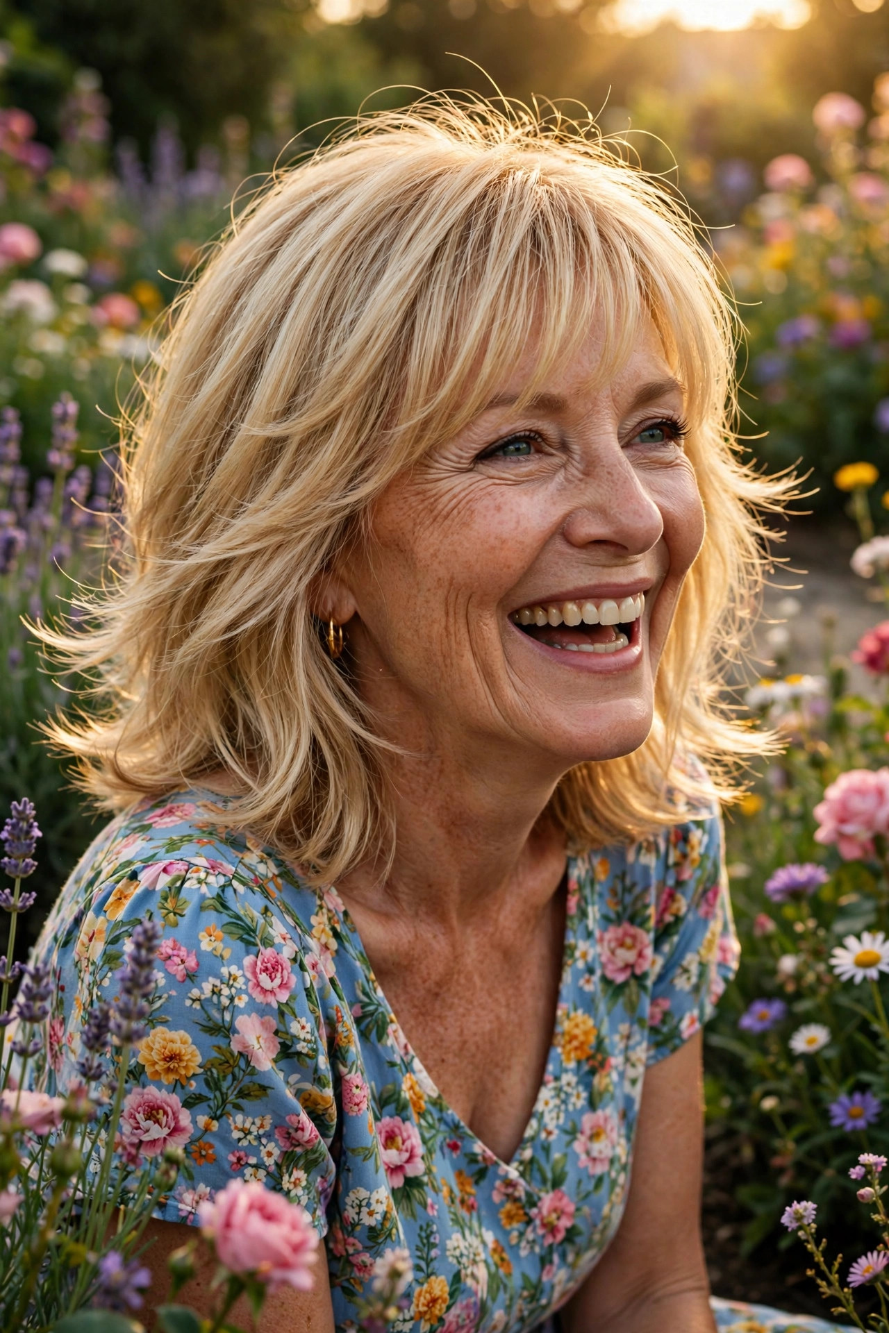 medium length hairstyles for women over 50 with feathered mid-length layers in golden blonde