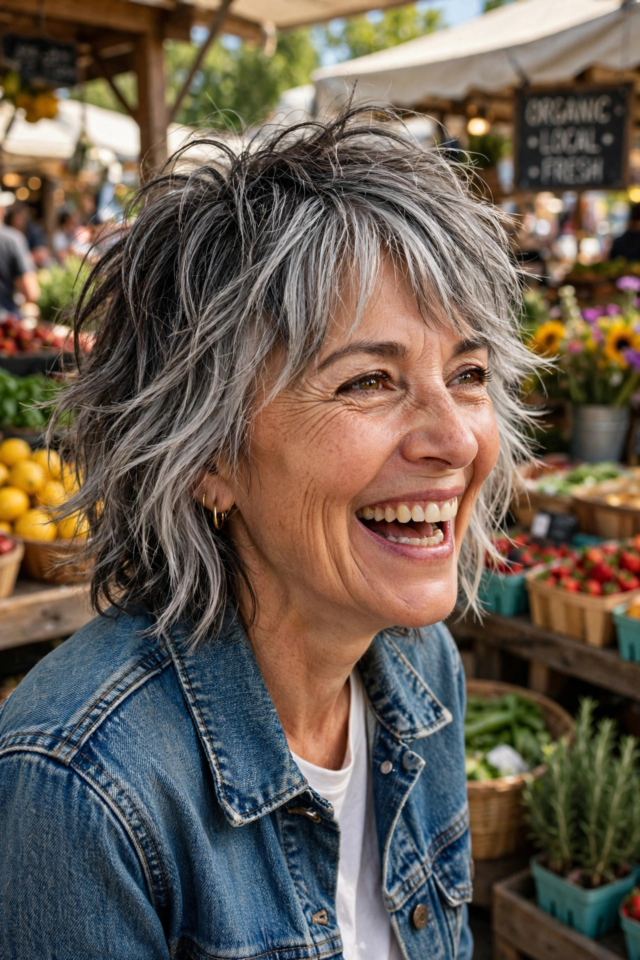 medium length hairstyles for women over 50 with a textured shaggy silver midi cut
